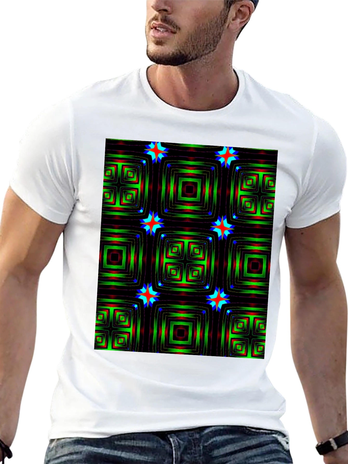 Geometric Square & Star Black T-Shirt