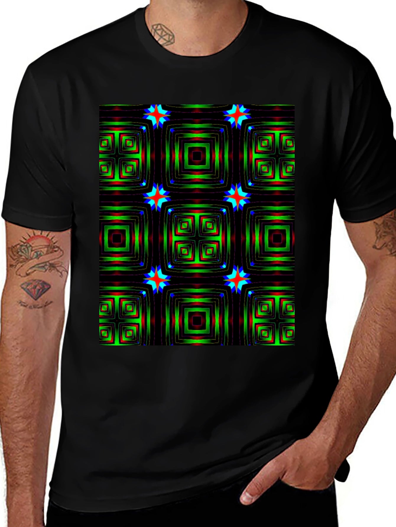 Geometric Square & Star Black T-Shirt