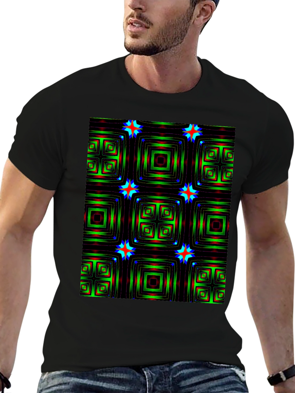 Geometric Square & Star Black T-Shirt