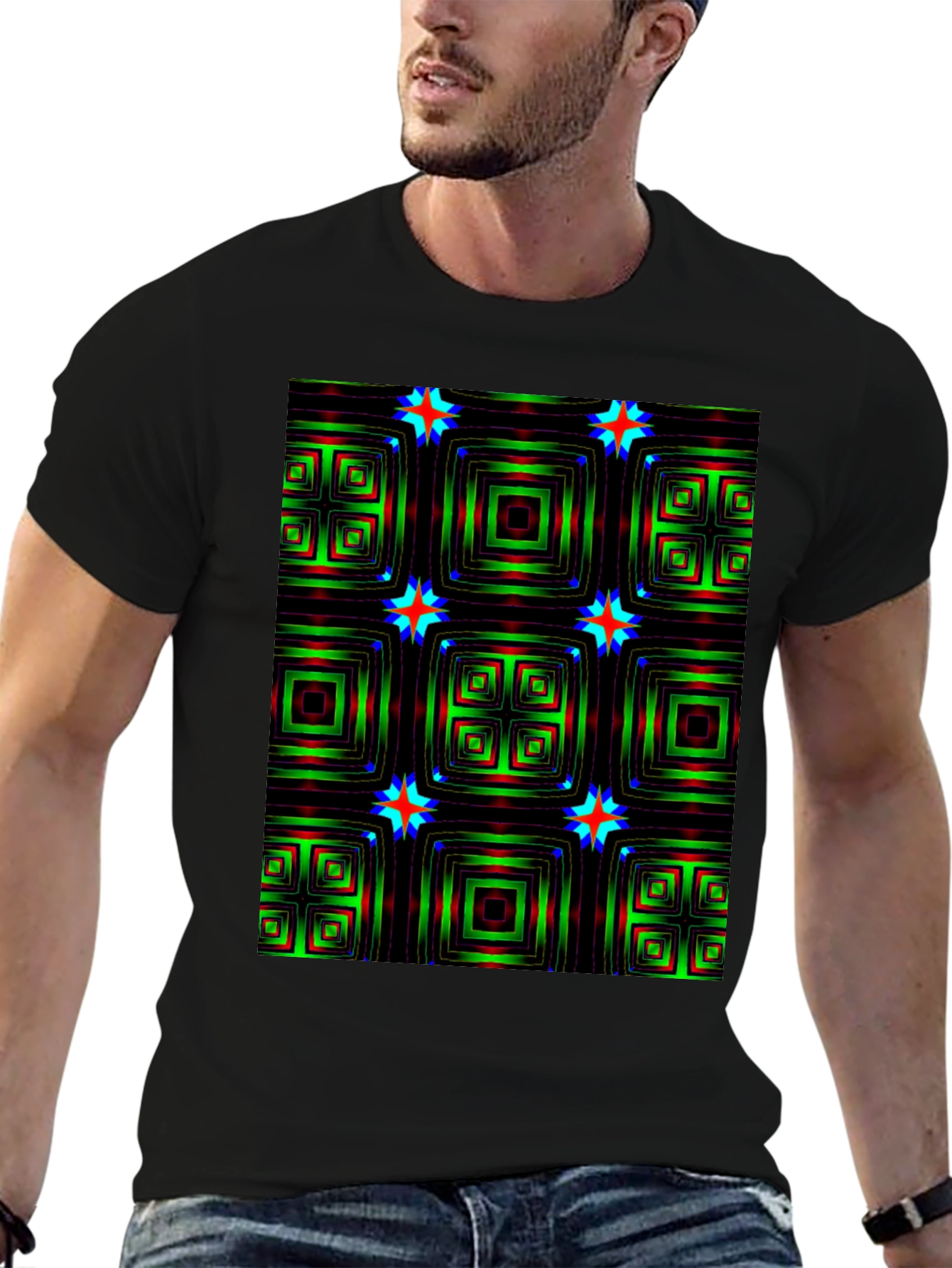 Geometric Square & Star Black T-Shirt
