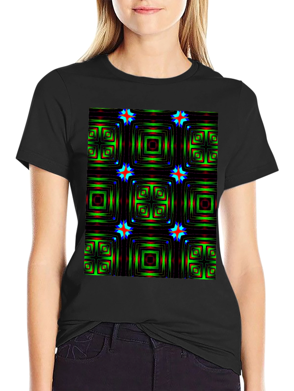 Geometric Square & Star Black T-Shirt