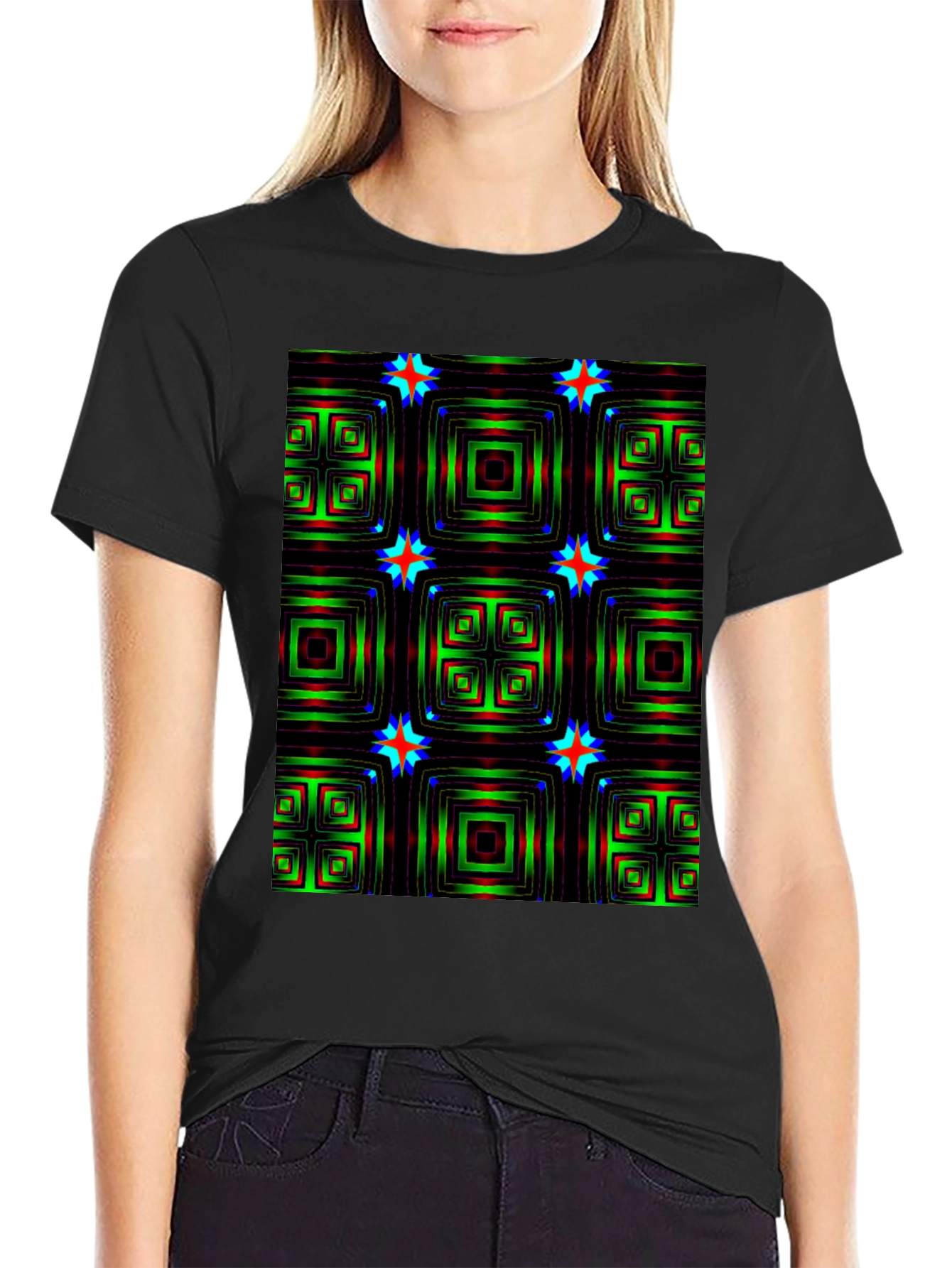 Geometric Square & Star Black T-Shirt