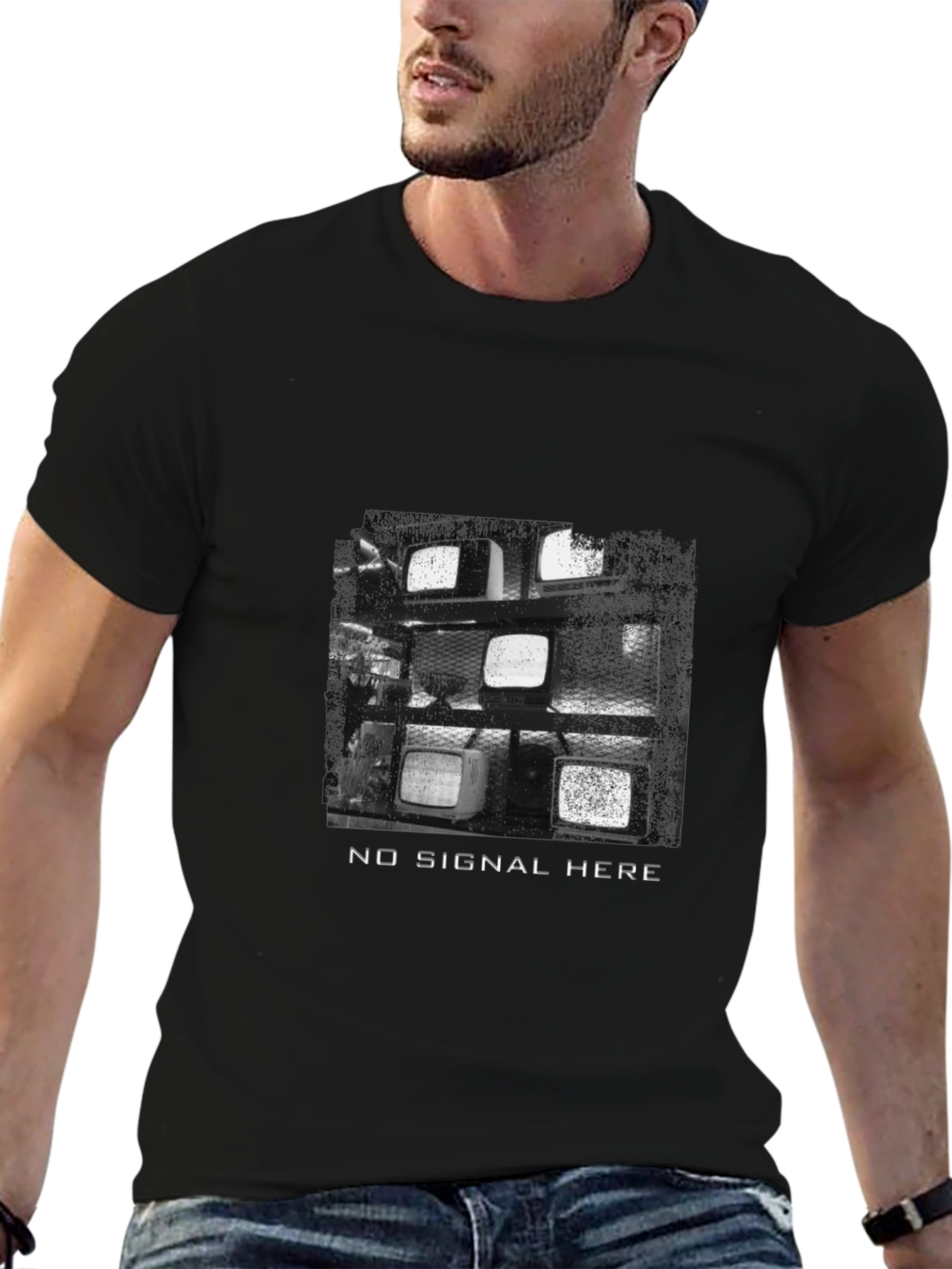 Retro TV Static Black T-Shirt - No Signal Here