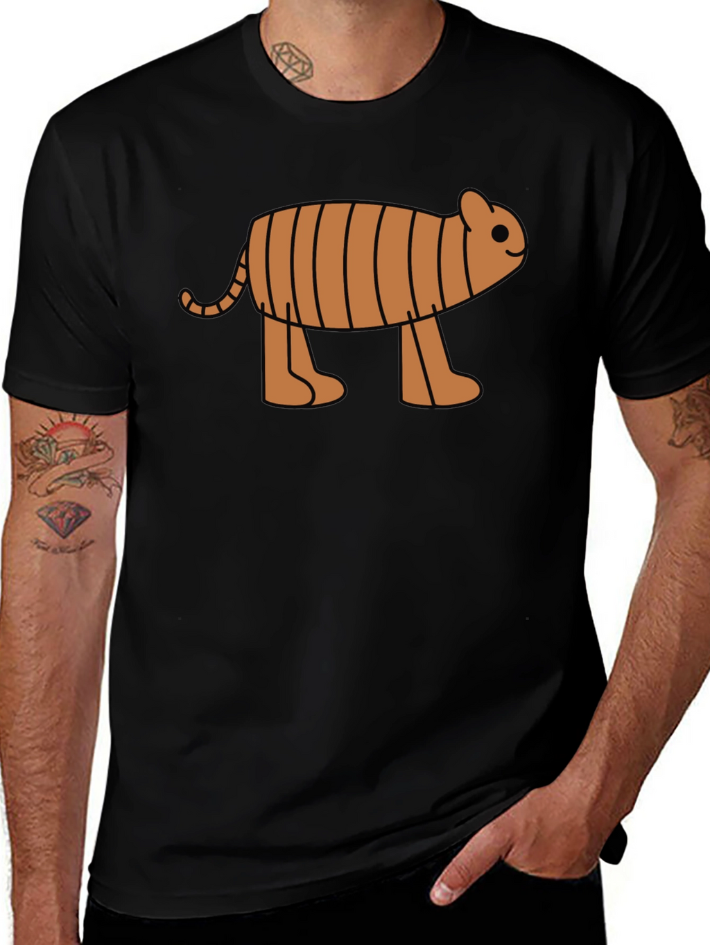 Cartoon Tiger Graphic Tee -  Black Cotton T-Shirt
