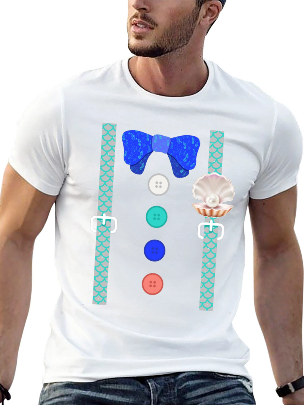 Mermaid Man Bowtie & Buttons Novelty Graphic Tee