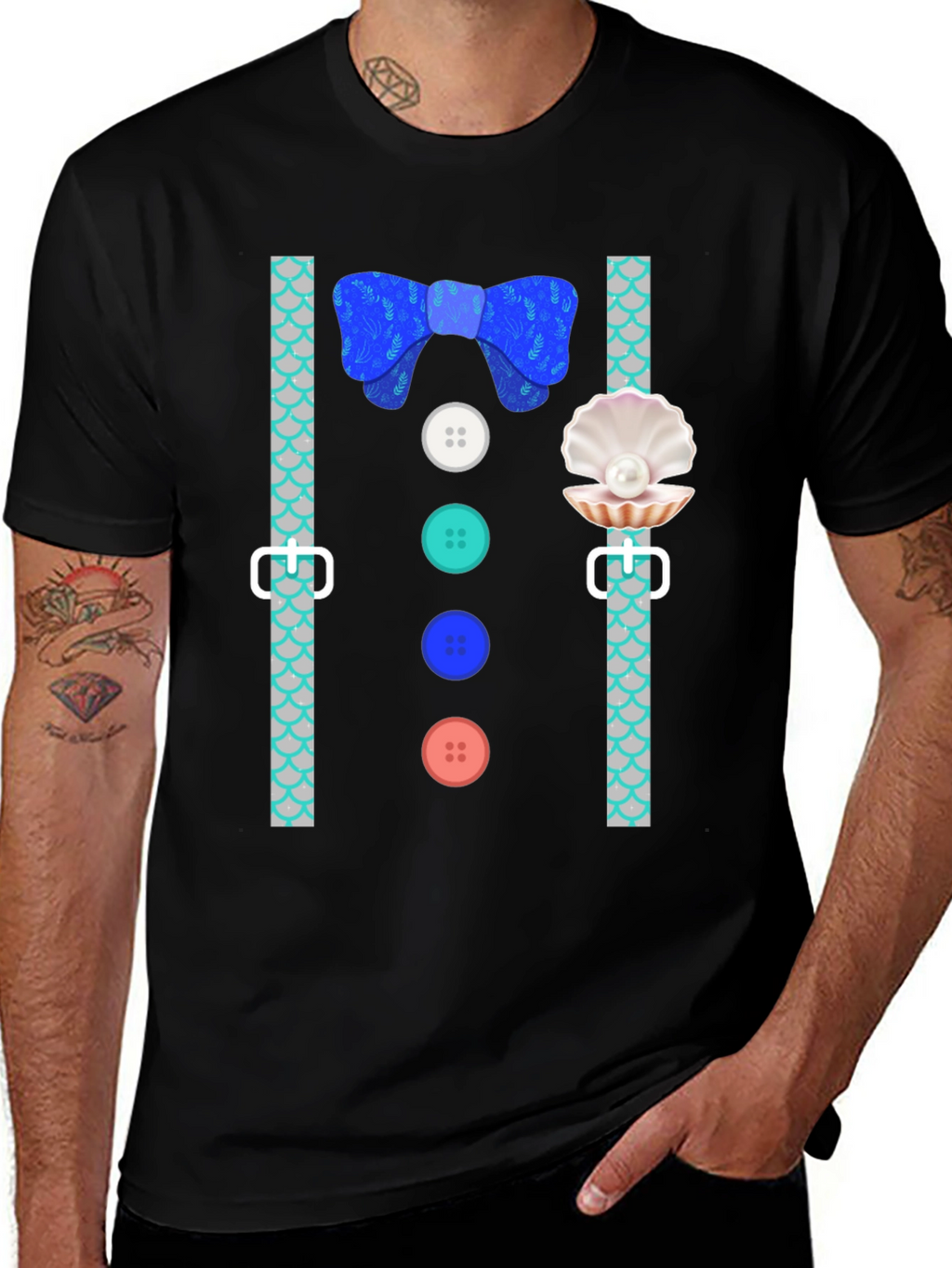 Mermaid Man Bowtie & Buttons Novelty Graphic Tee