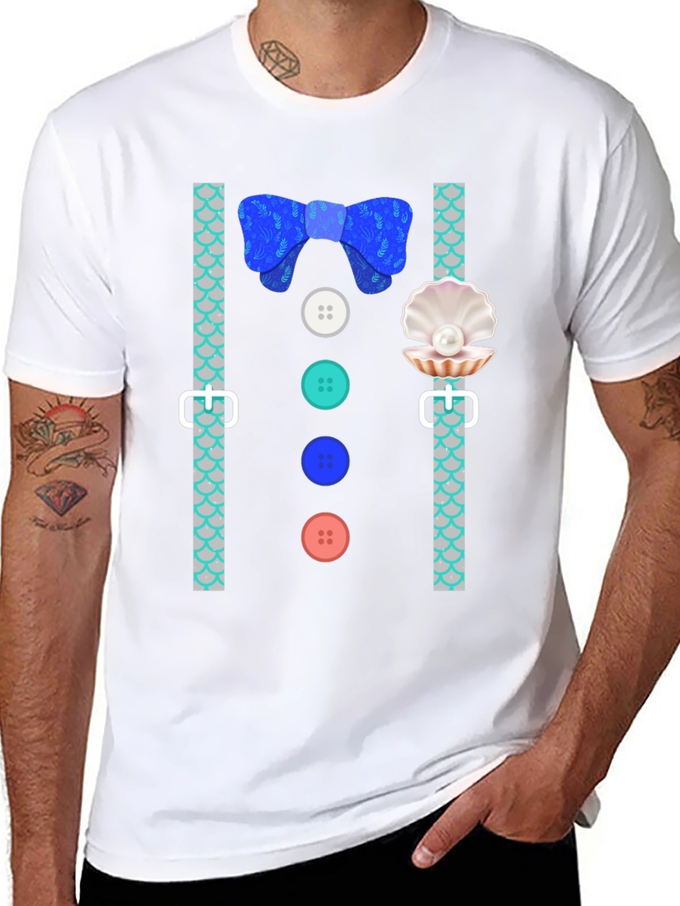 Mermaid Man Bowtie & Buttons Novelty Graphic Tee
