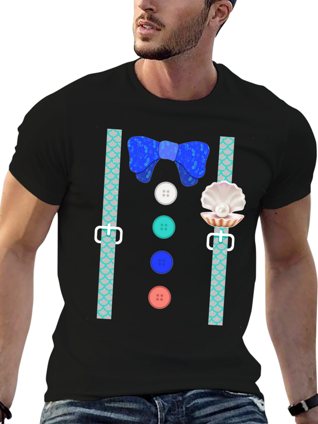 Mermaid Man Bowtie & Buttons Novelty Graphic Tee