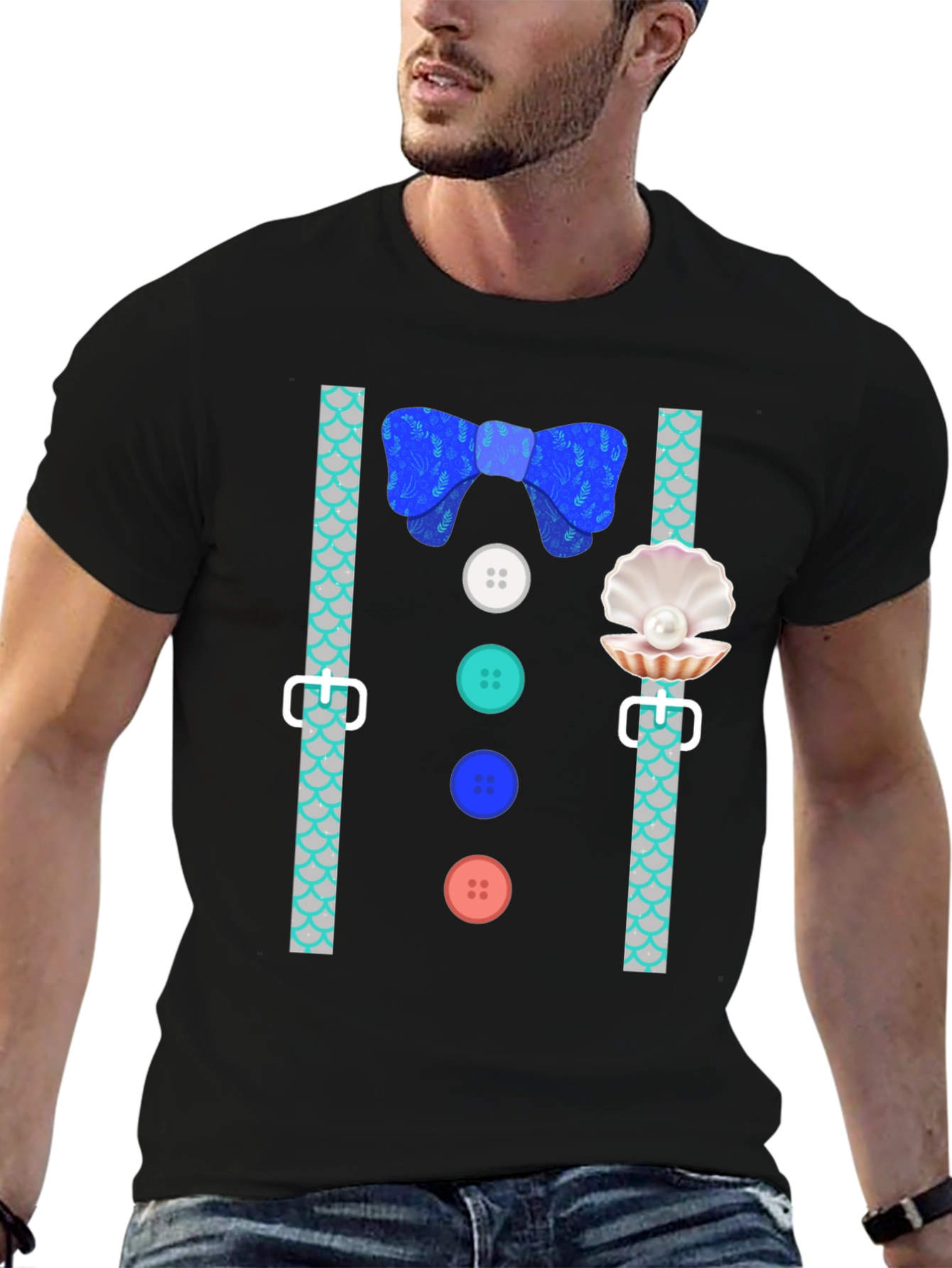 Mermaid Man Bowtie & Buttons Novelty Graphic Tee
