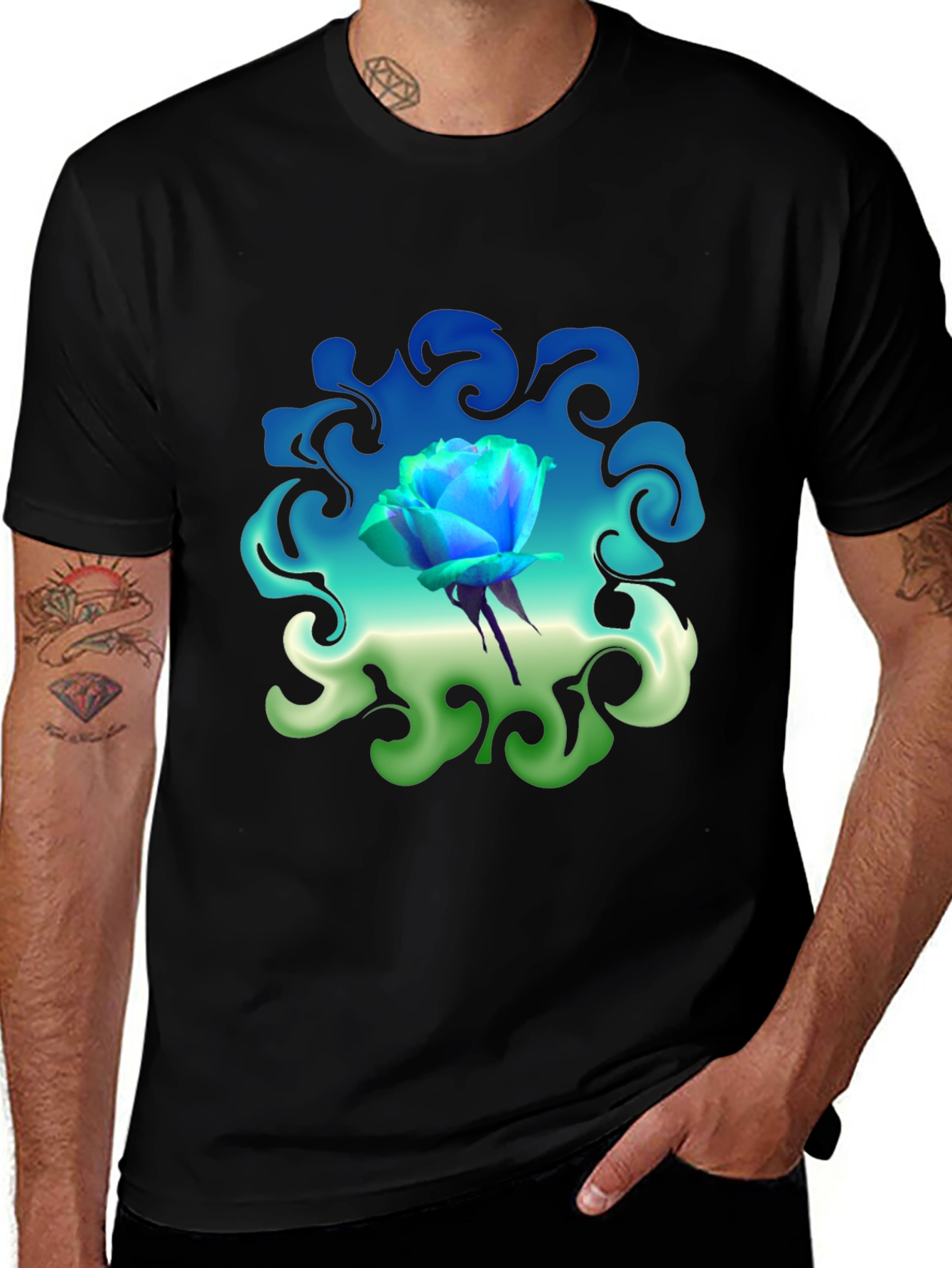 Blue Rose Graphic T-Shirt: Artistic Floral Design