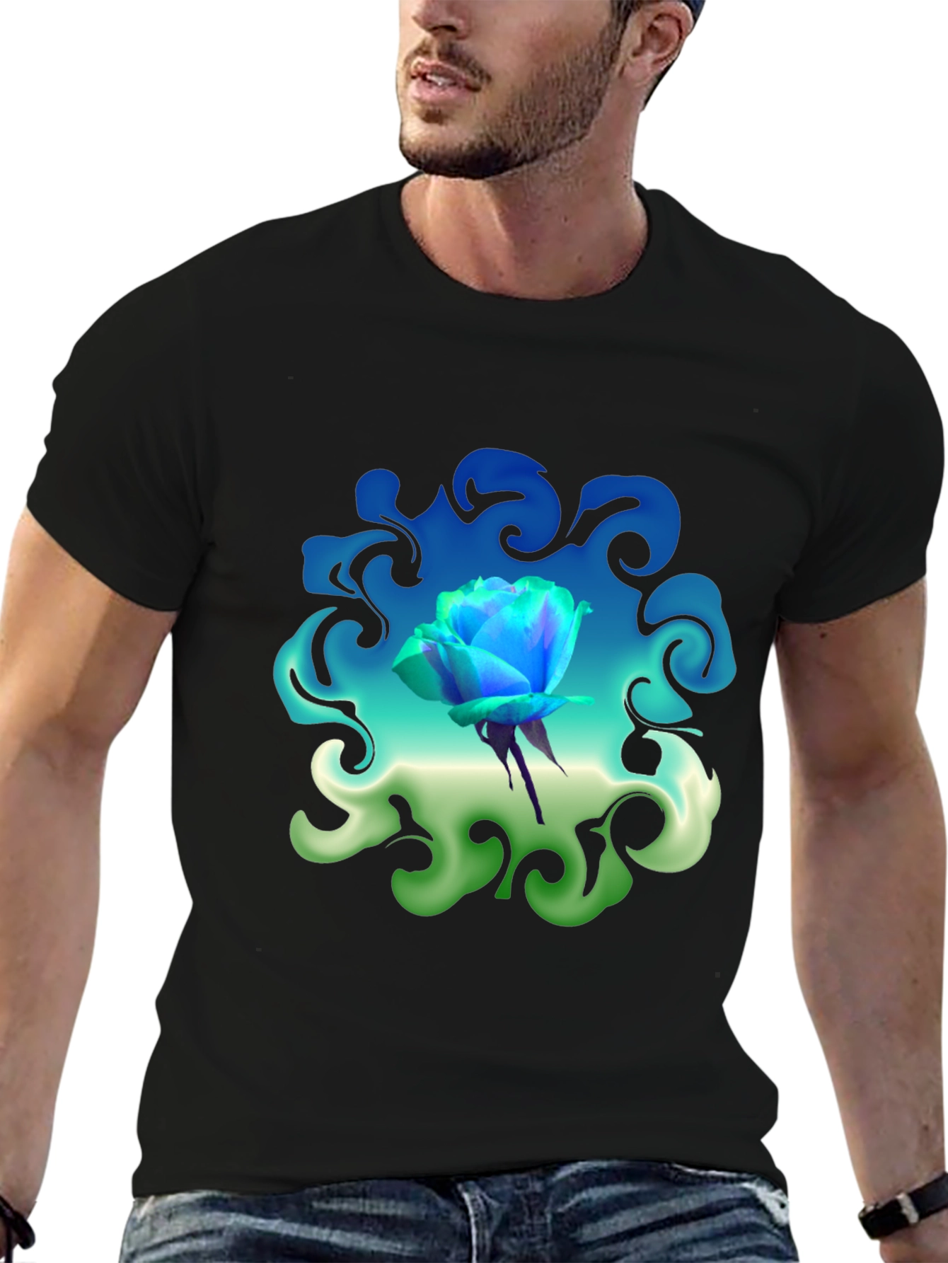 Blue Rose Graphic T-Shirt: Artistic Floral Design