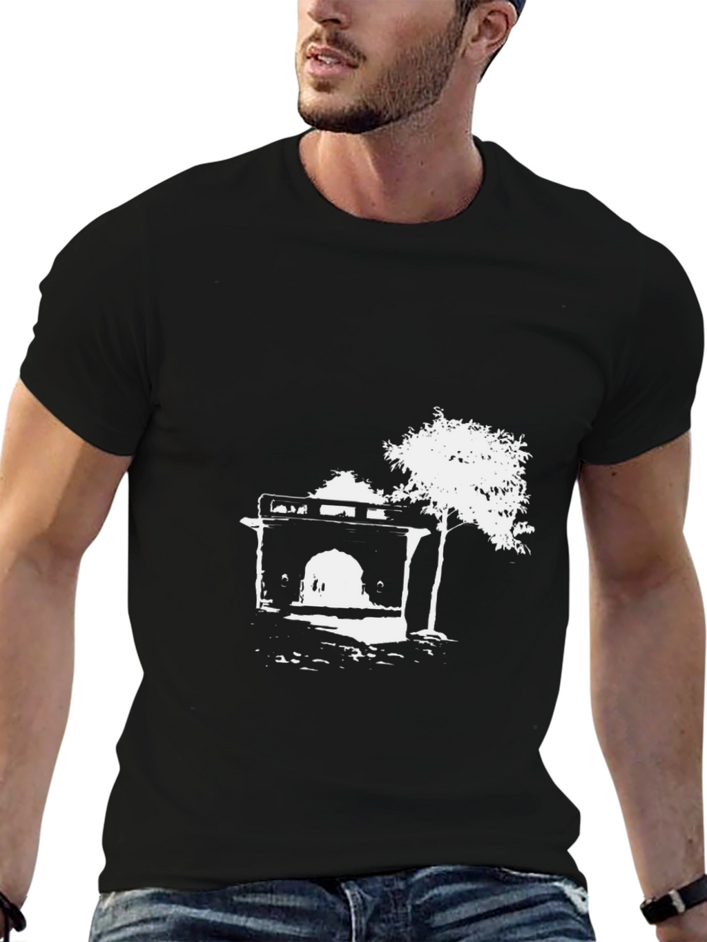 Black T-Shirt with Abstract Building Print