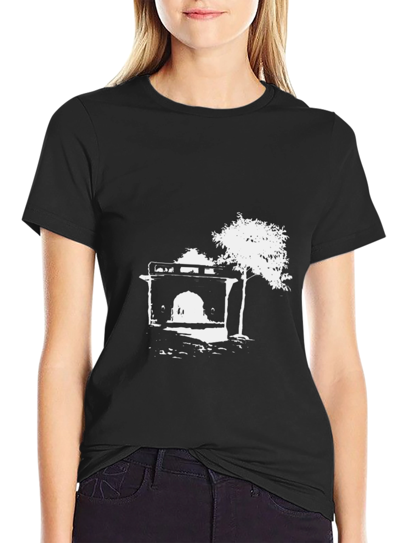 Black T-Shirt with Abstract Building Print