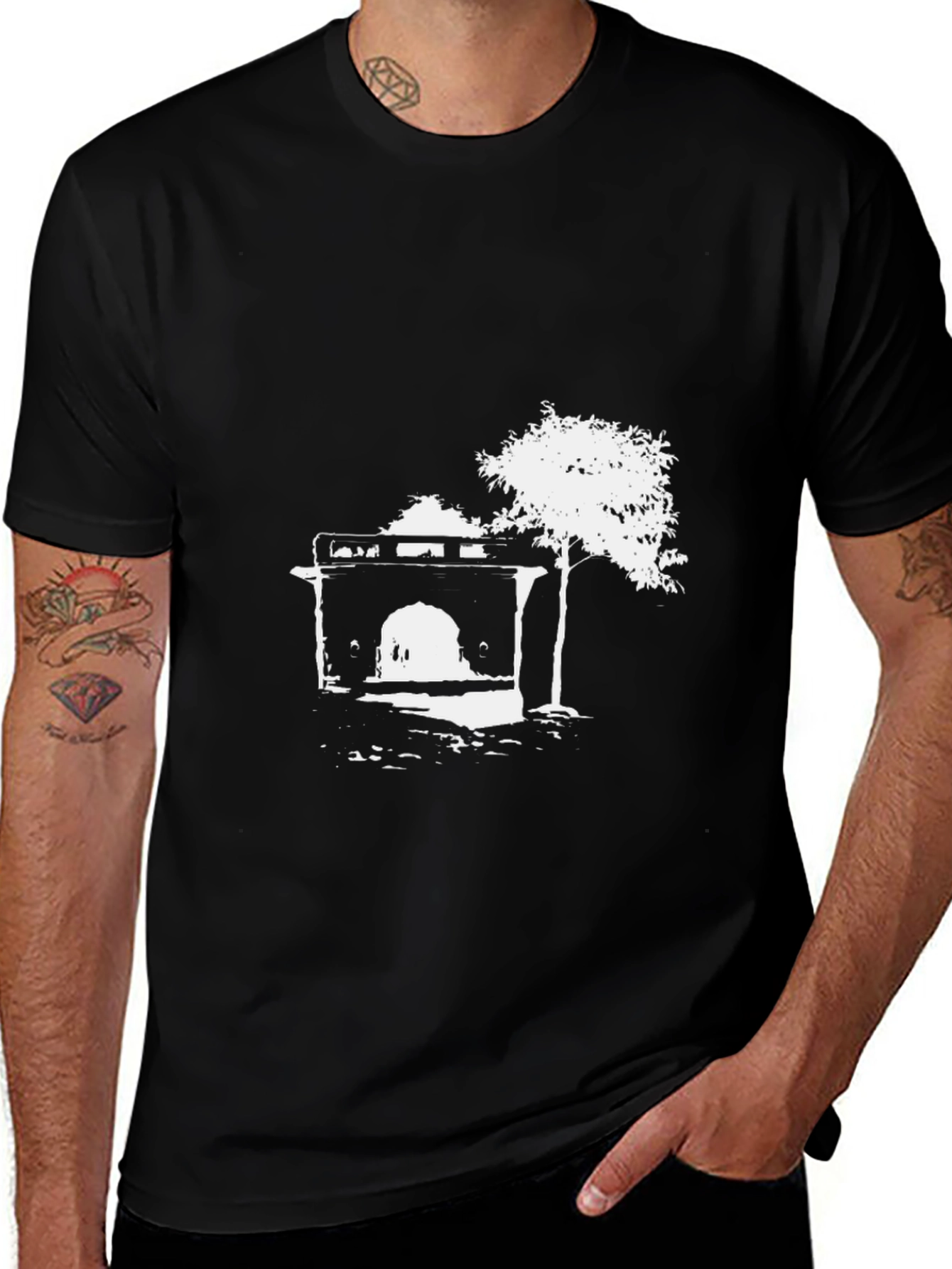 Black T-Shirt with Abstract Building Print