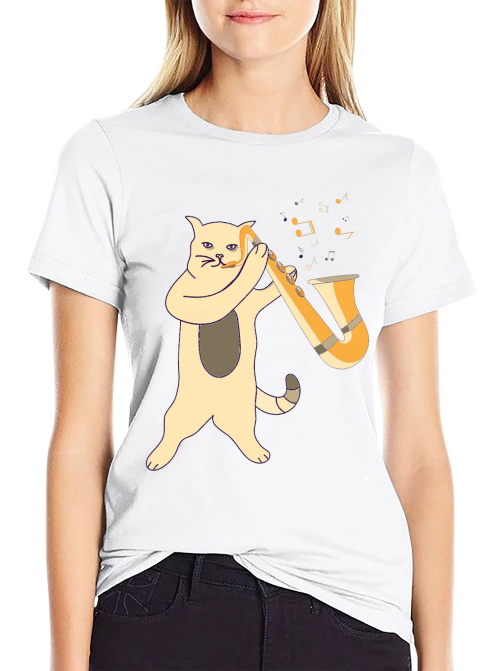 Cat Saxophone Player Black T-Shirt