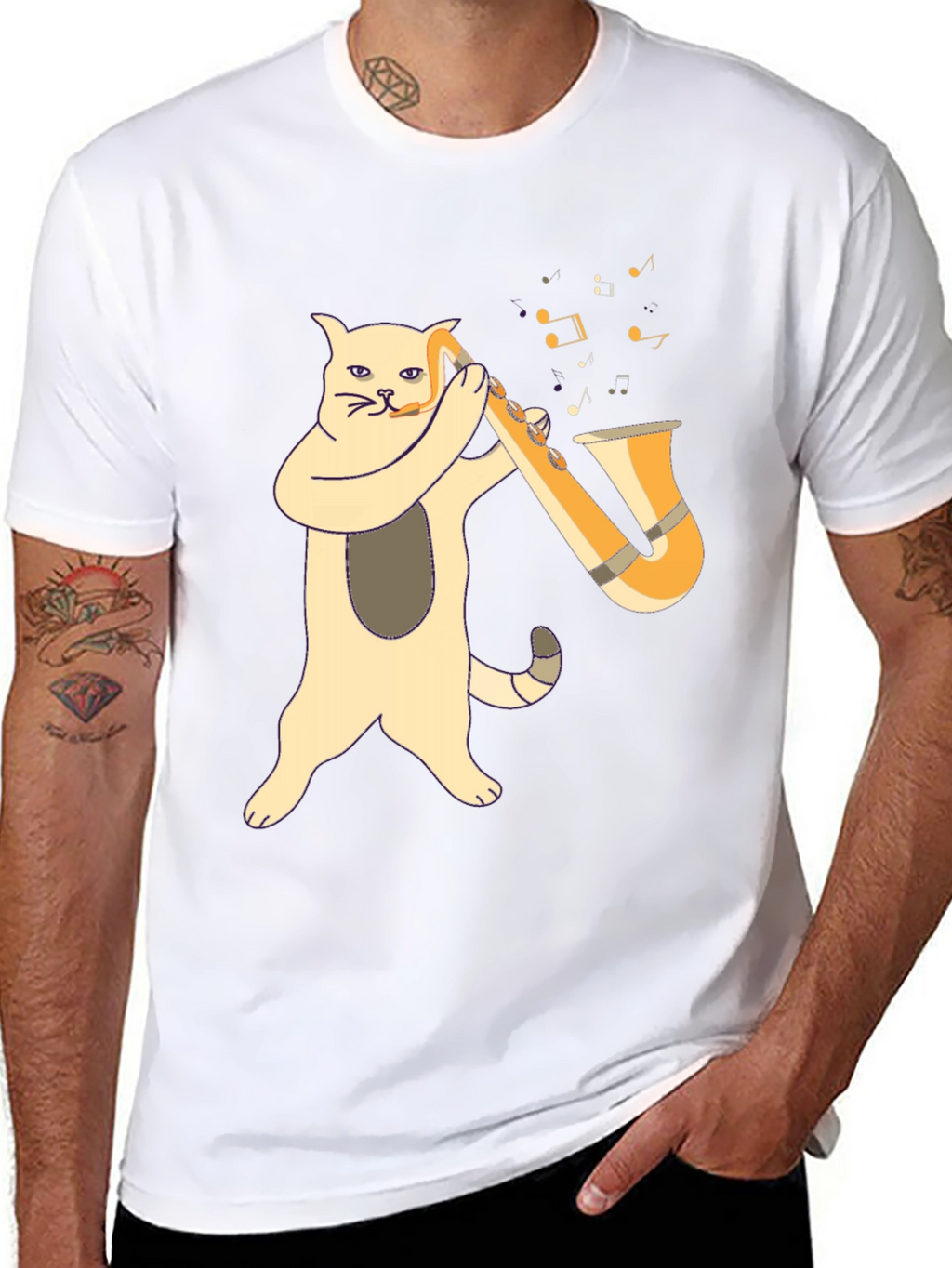 Cat Saxophone Player Black T-Shirt