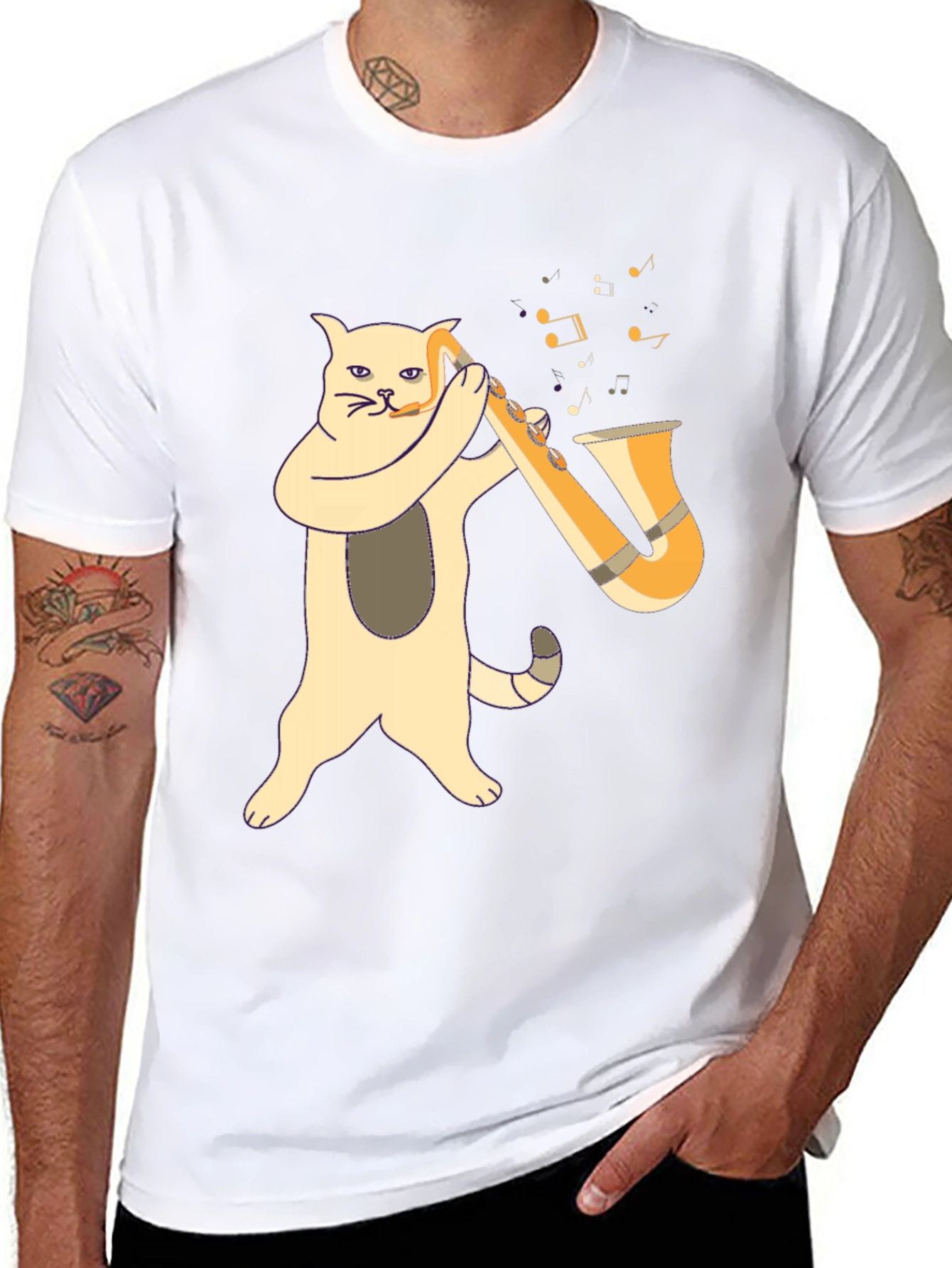 Cat Saxophone Player Black T-Shirt