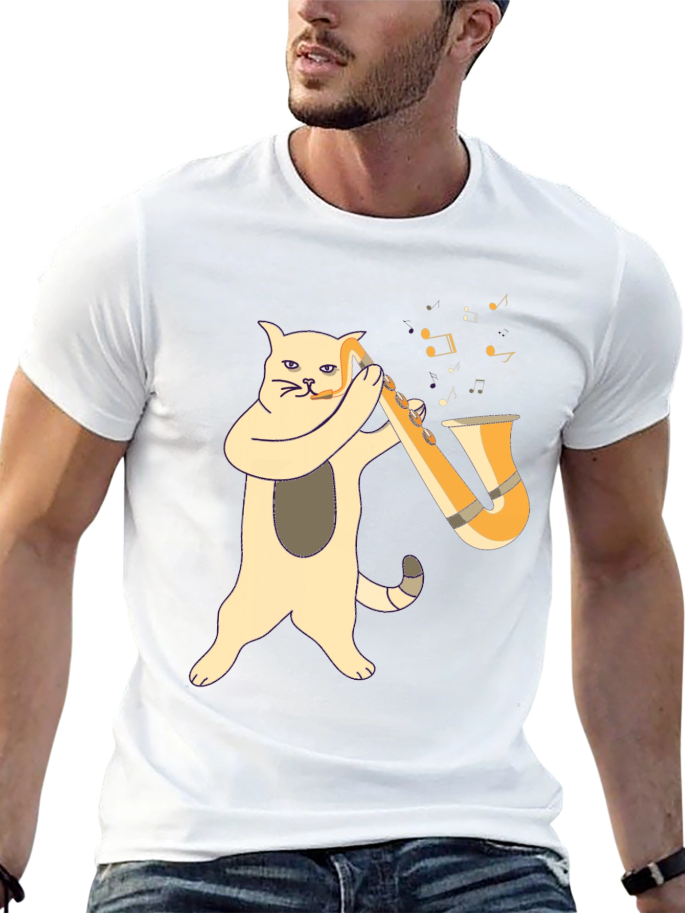 Cat Saxophone Player Black T-Shirt