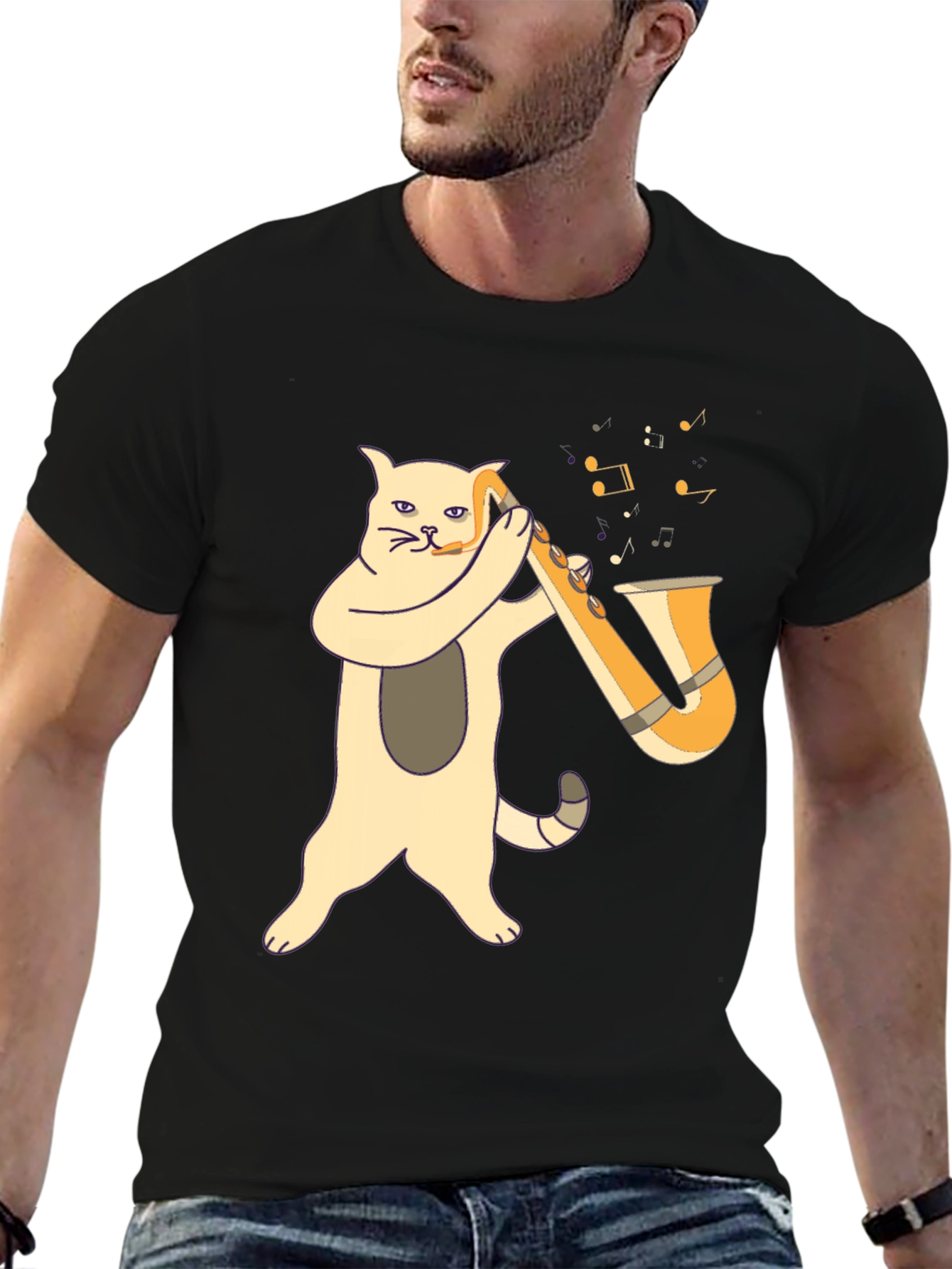 Cat Saxophone Player Black T-Shirt