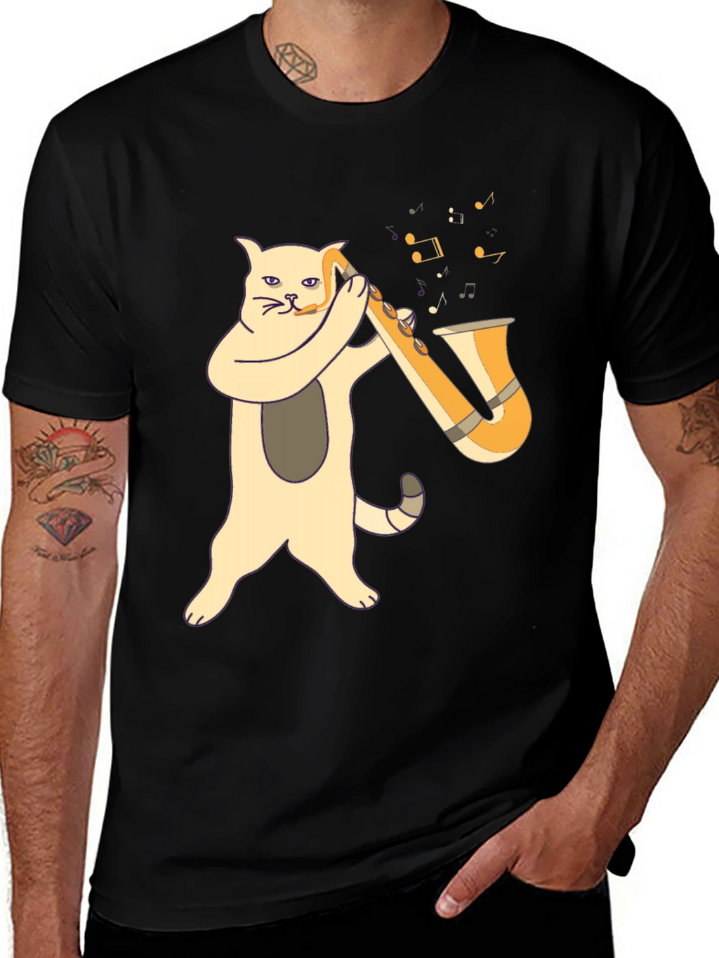 Cat Saxophone Player Black T-Shirt