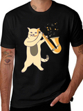 Cat Saxophone Player Black T-Shirt