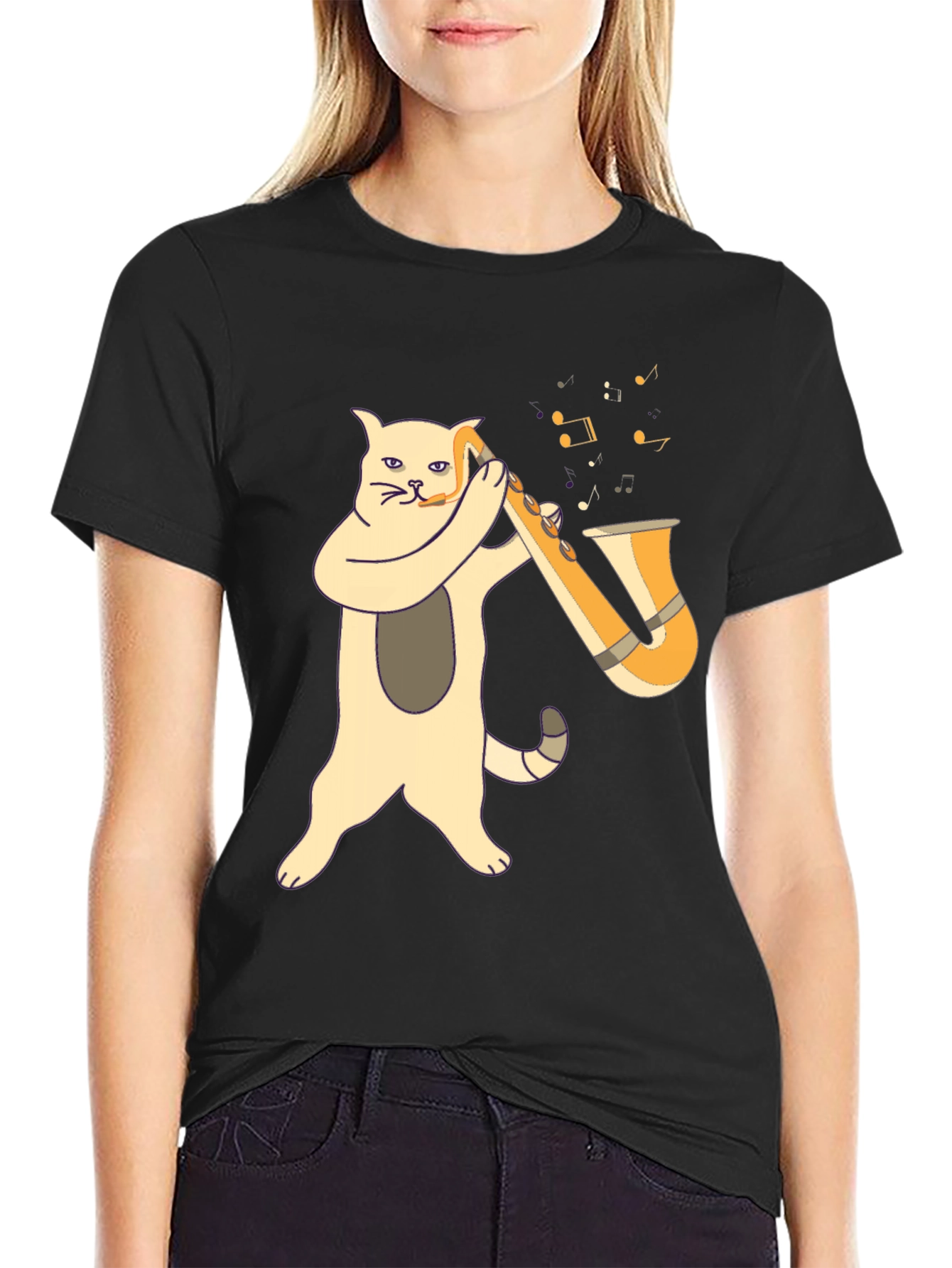 Cat Saxophone Player Black T-Shirt