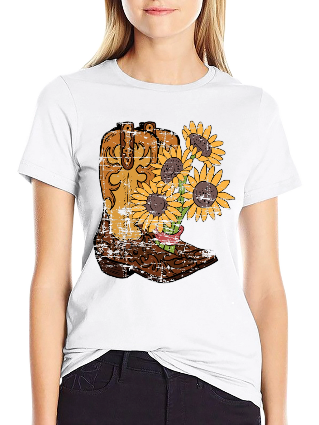 Cowboy Boot & Sunflower Graphic T-Shirt
