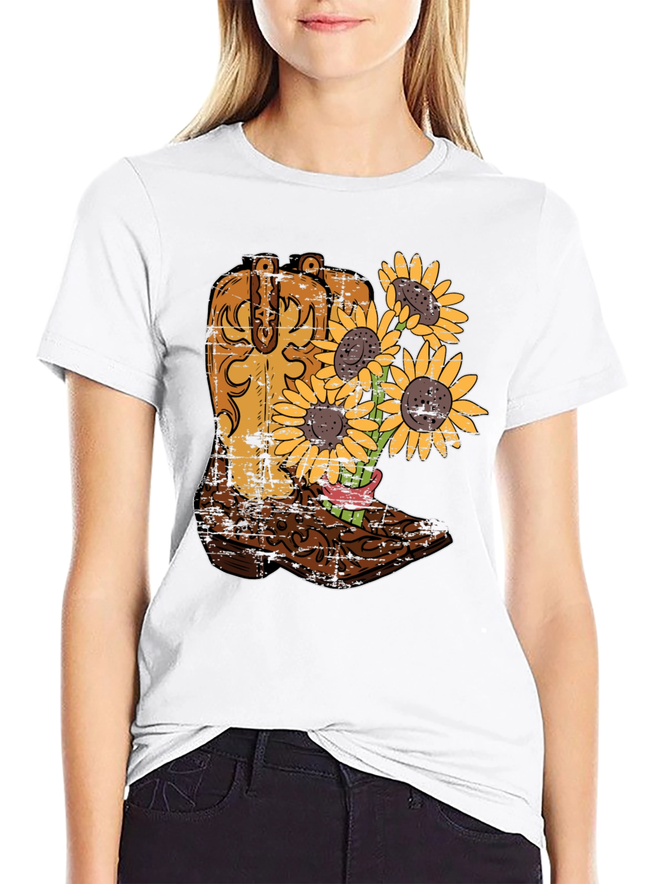 Cowboy Boot & Sunflower Graphic T-Shirt