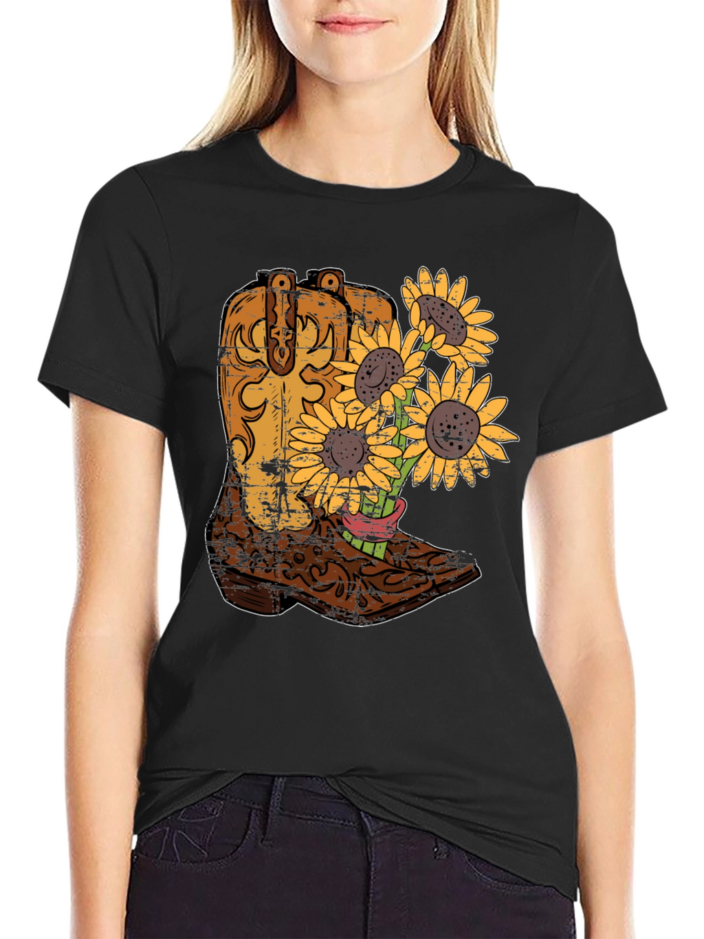 Cowboy Boot & Sunflower Graphic T-Shirt