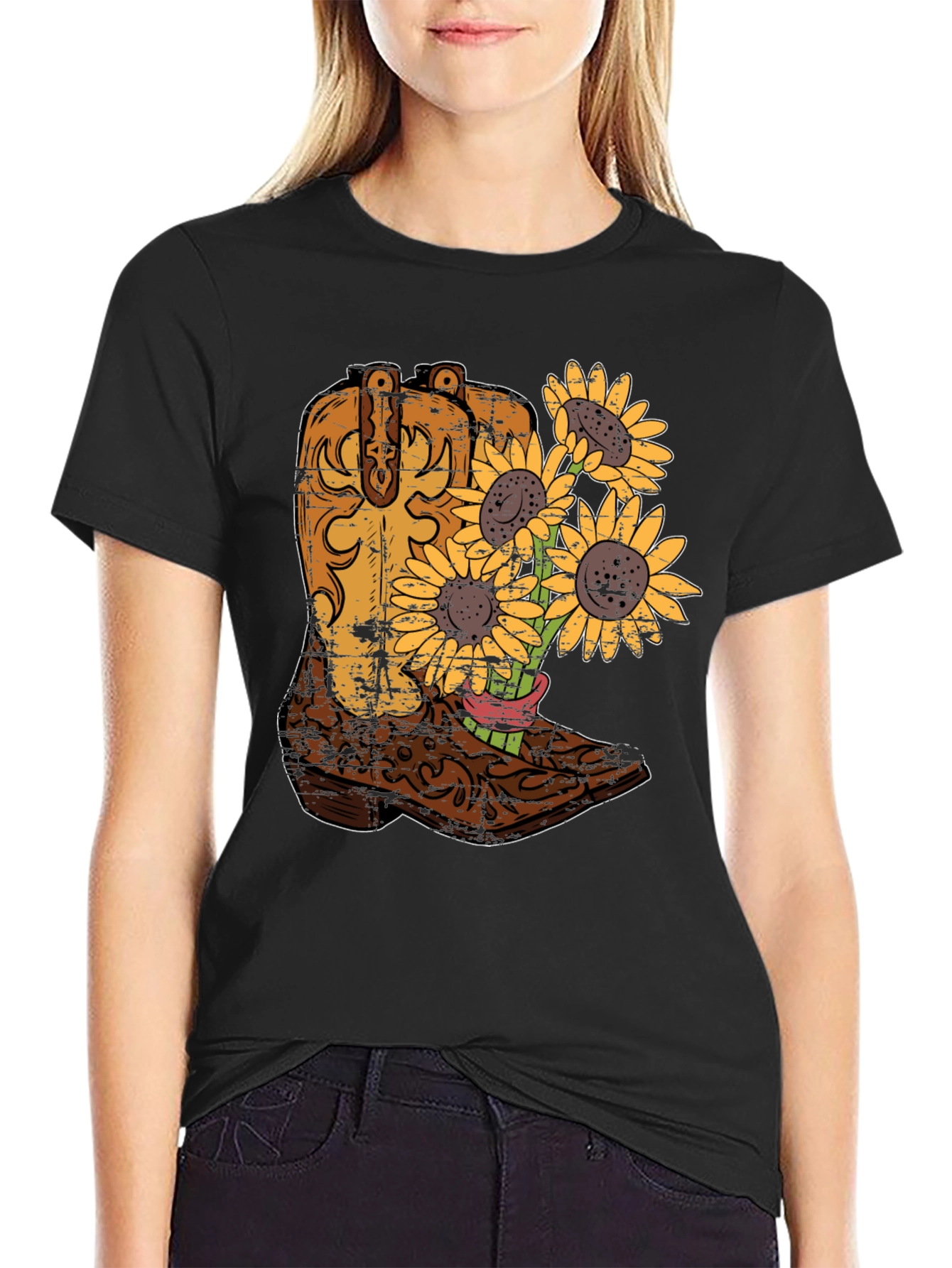 Cowboy Boot & Sunflower Graphic T-Shirt
