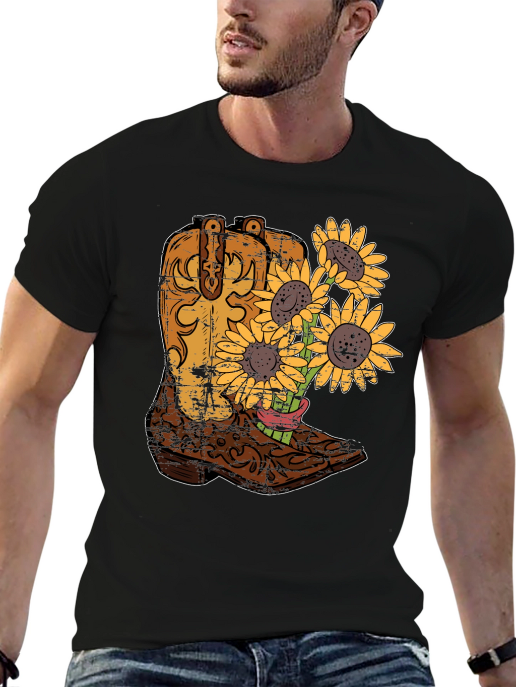 Cowboy Boot & Sunflower Graphic T-Shirt