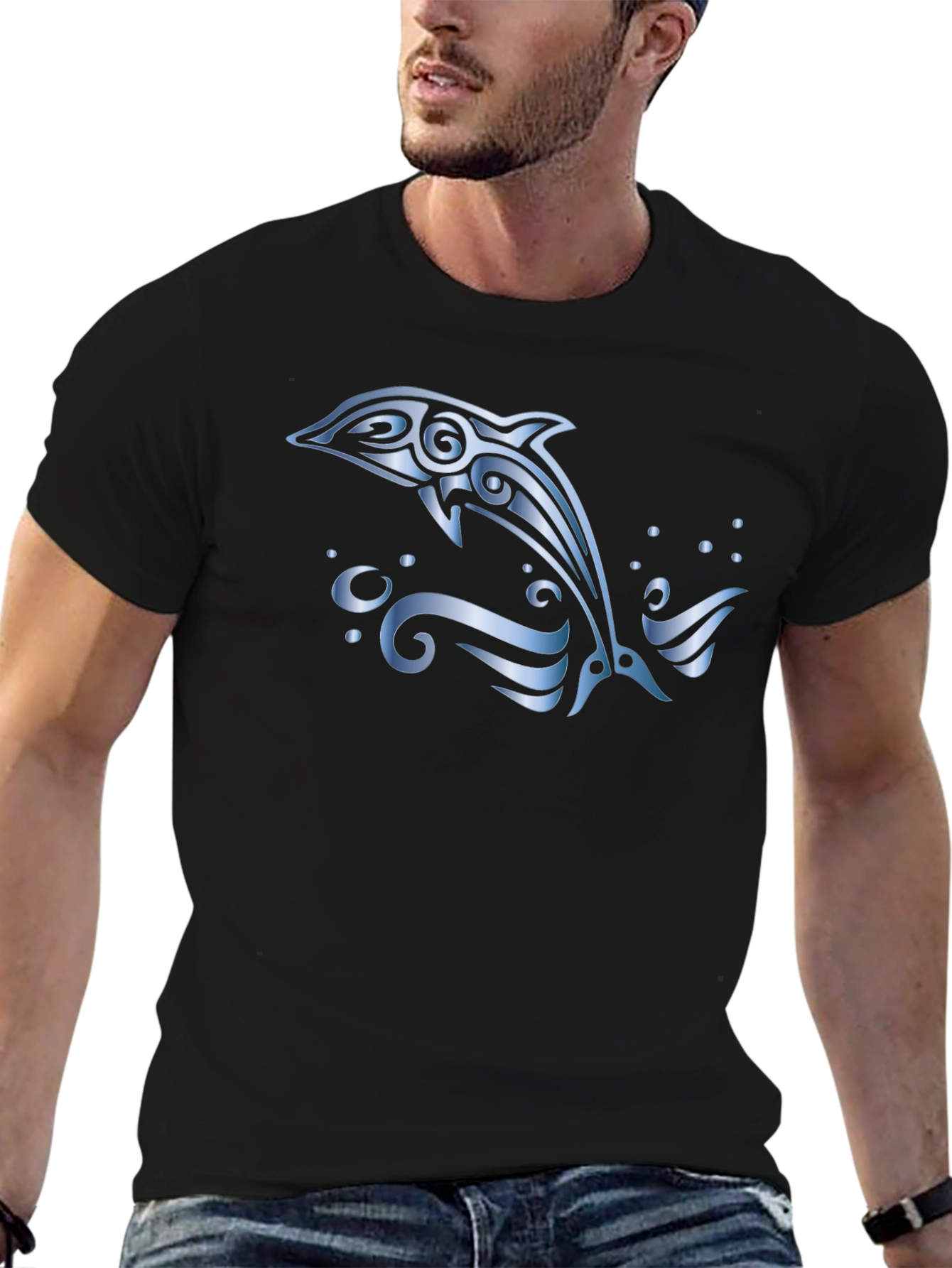 Tribal Dolphin T-Shirt - Black Cotton Tee