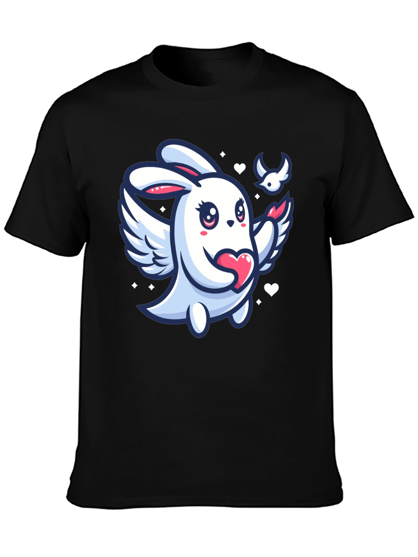 Cute Bunny Angel Graphic Tee - Black Unisex T-Shirt