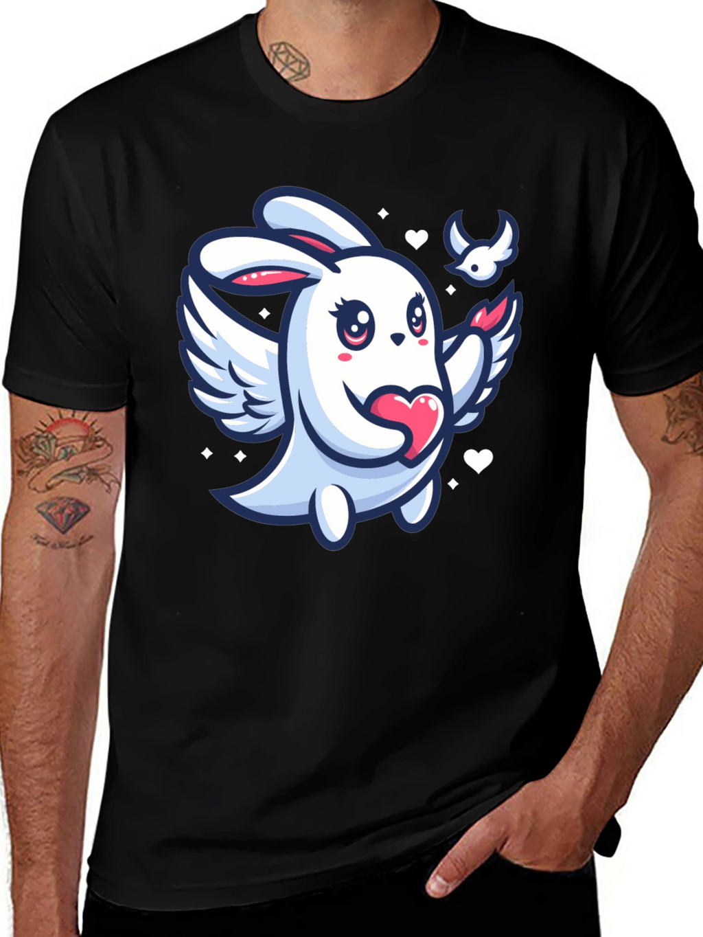 Cute Bunny Angel Graphic Tee - Black Unisex T-Shirt