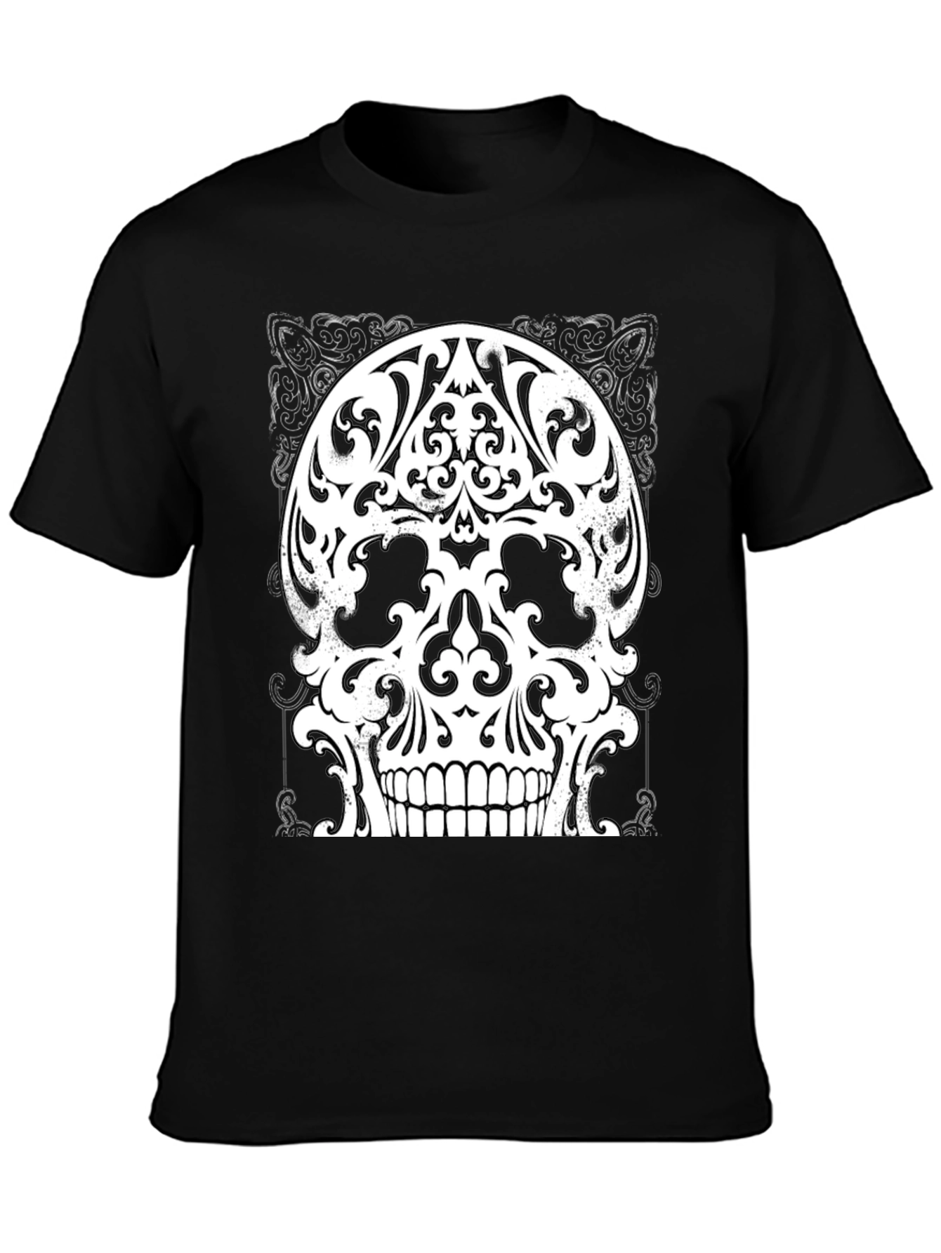 Ornate Skull Graphic Tee - Black Cotton Blend Shirt