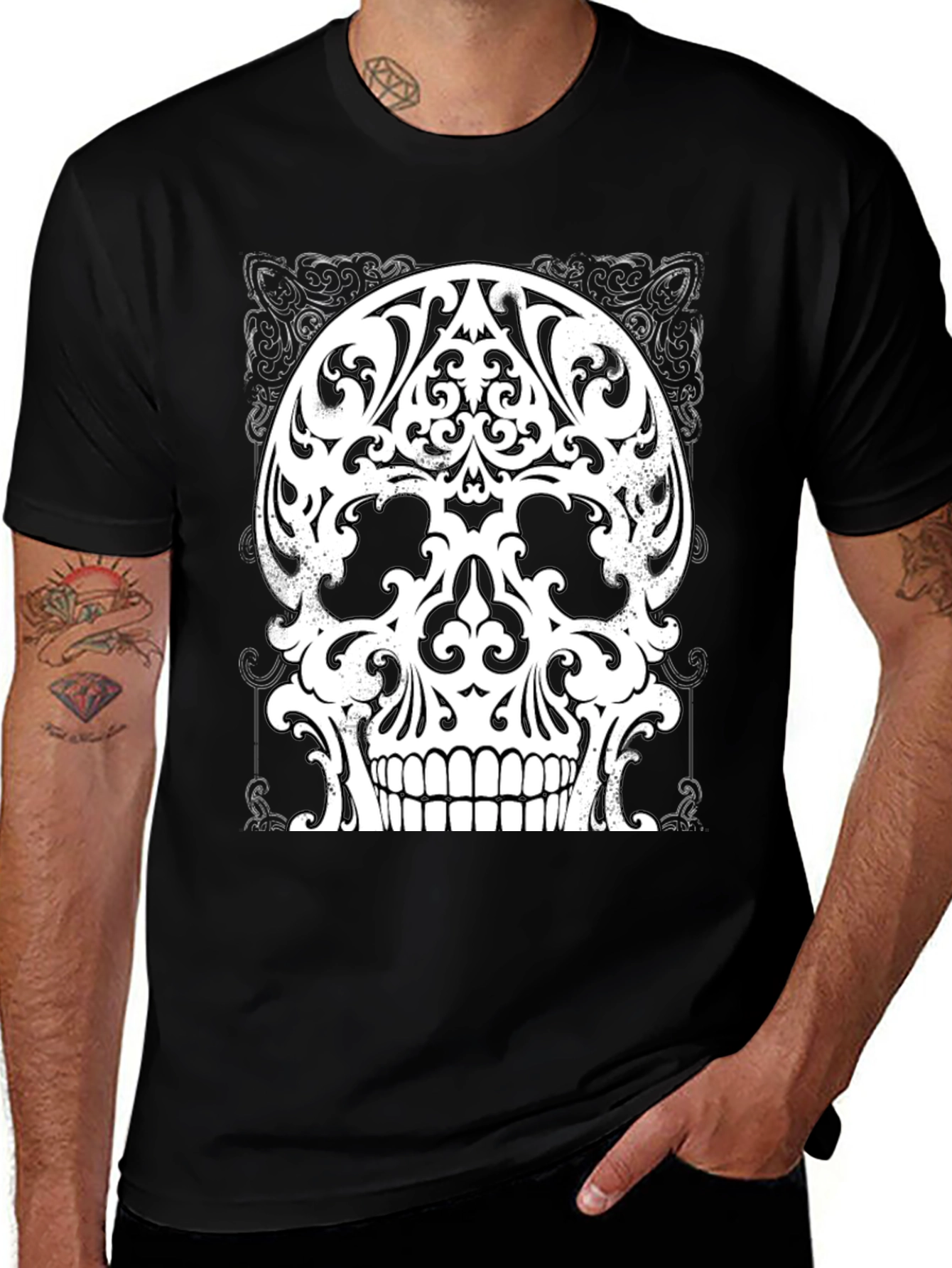 Ornate Skull Graphic Tee - Black Cotton Blend Shirt