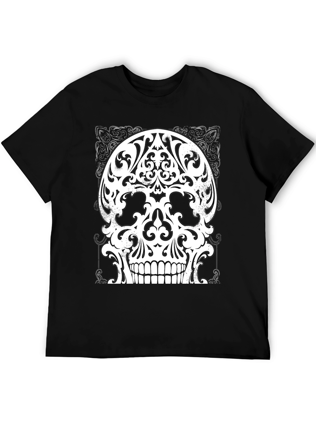 Ornate Skull Graphic Tee - Black Cotton Blend Shirt