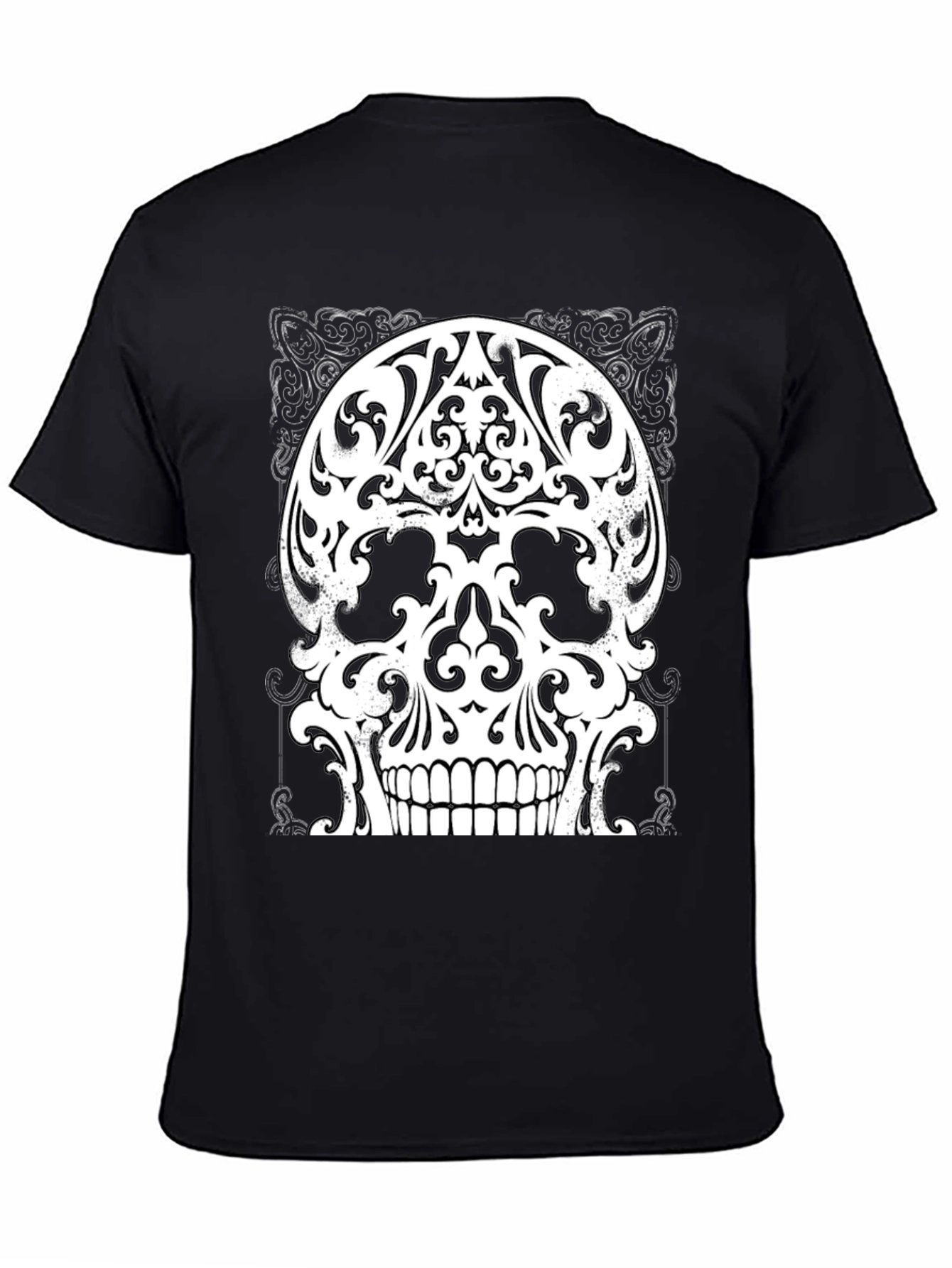 Ornate Skull Graphic Tee - Black Cotton Blend Shirt