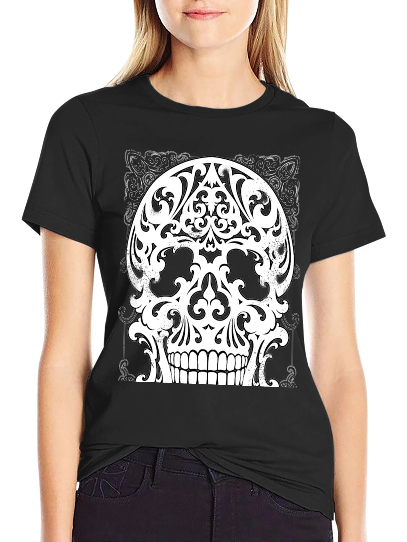 Ornate Skull Graphic Tee - Black Cotton Blend Shirt