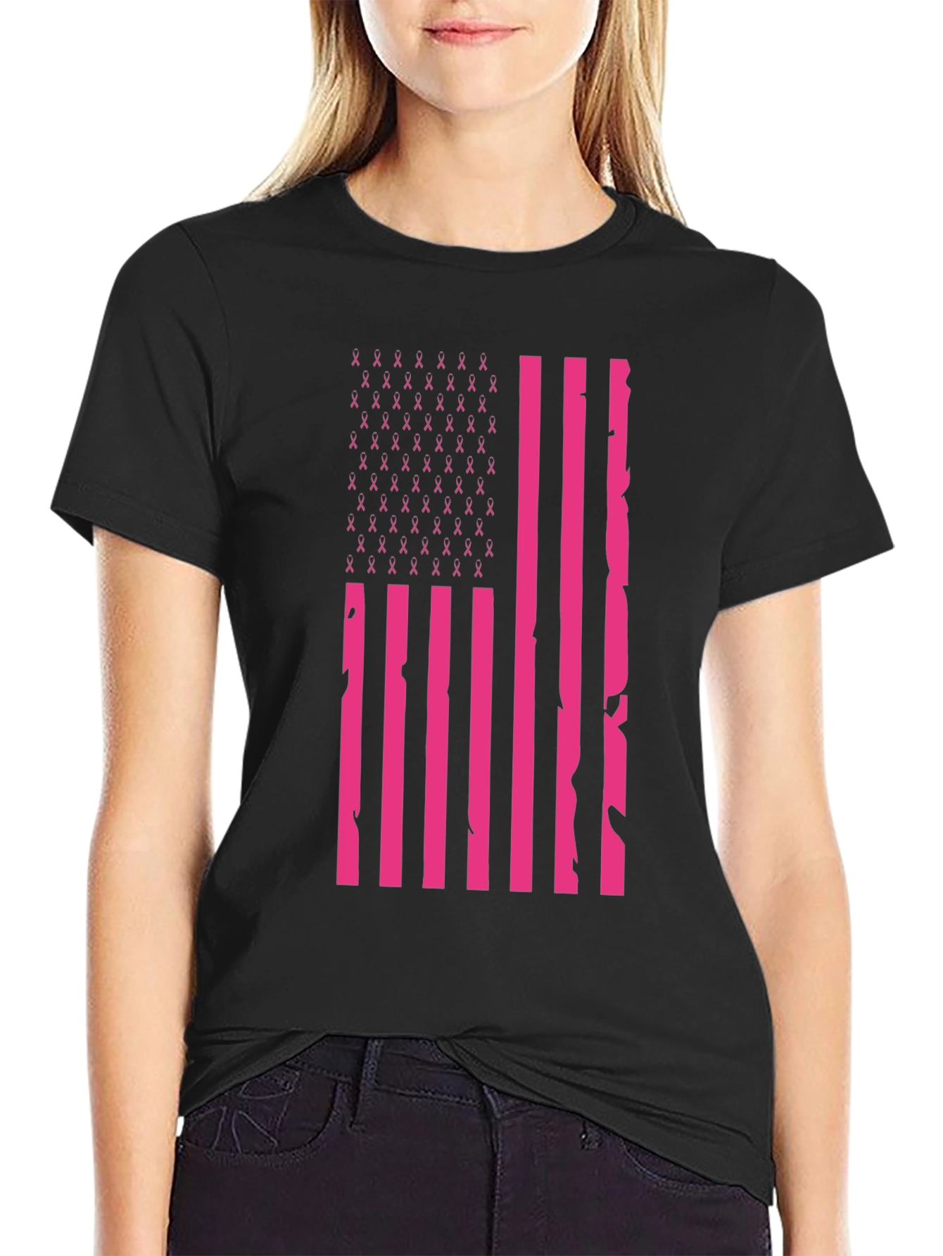 Pink Ribbon American Flag T-Shirt