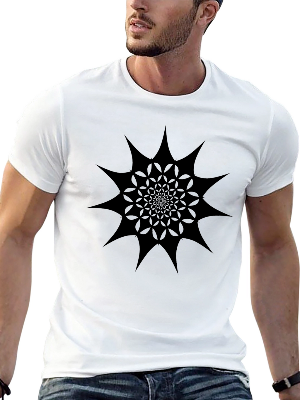 Abstract Geometric Starburst Black Graphic Tee