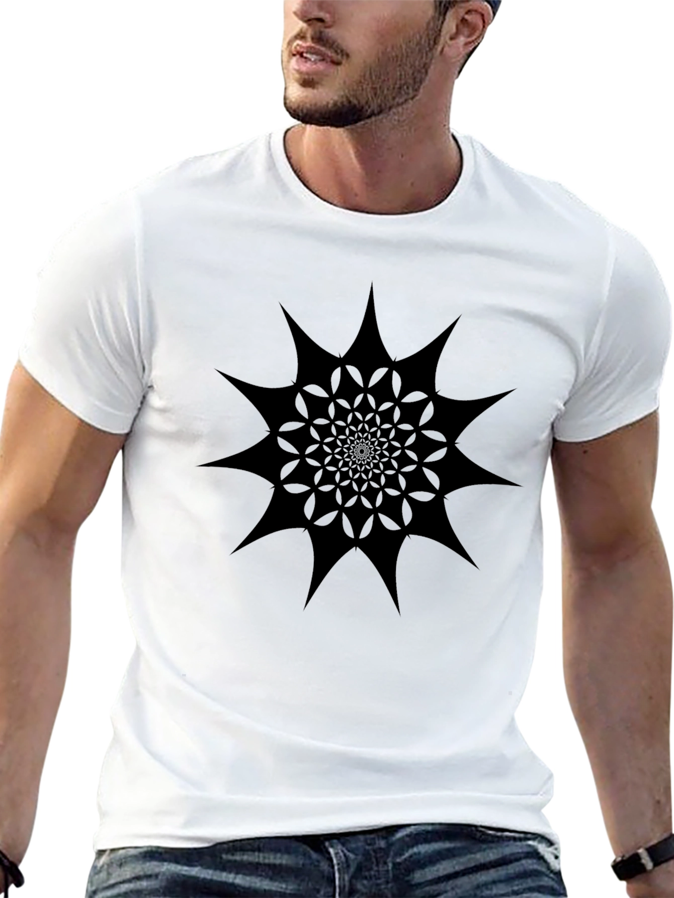 Abstract Geometric Starburst Black Graphic Tee