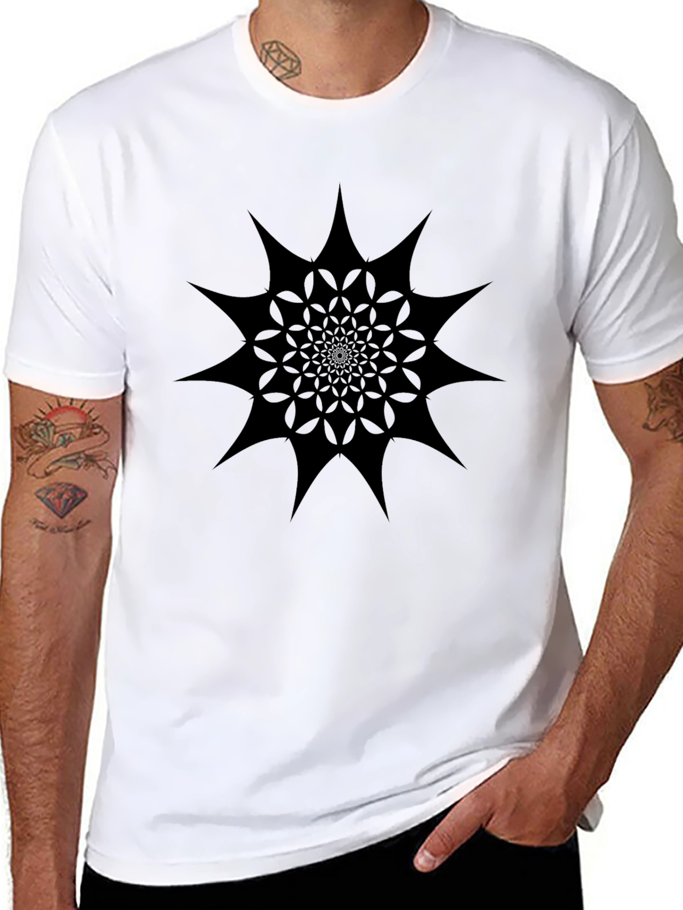 Abstract Geometric Starburst Black Graphic Tee