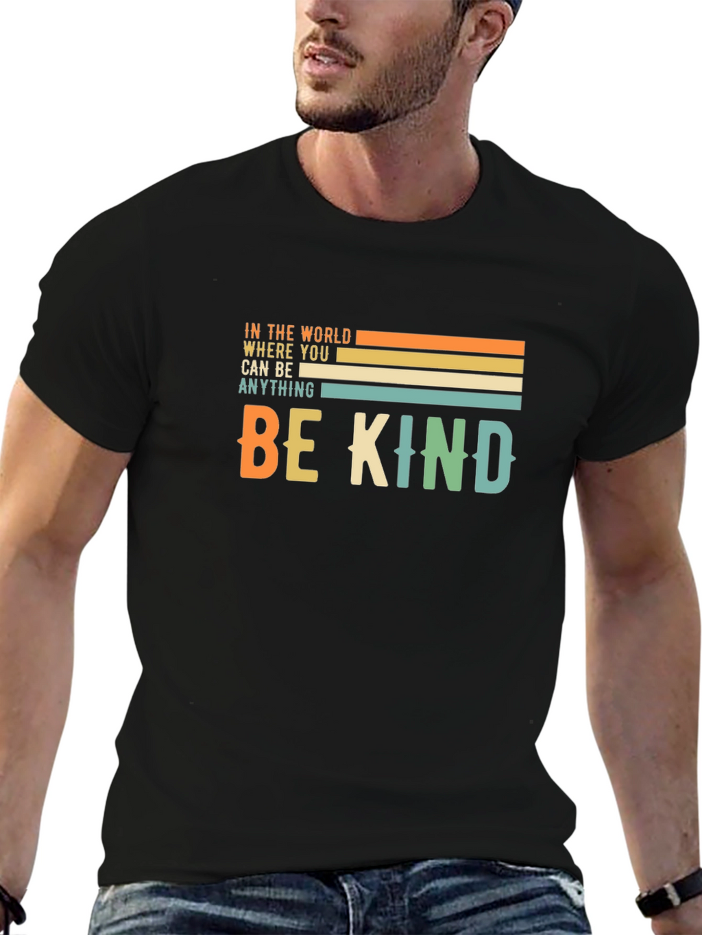 Be Kind Graphic Tee - Retro Striped Design T-Shirt