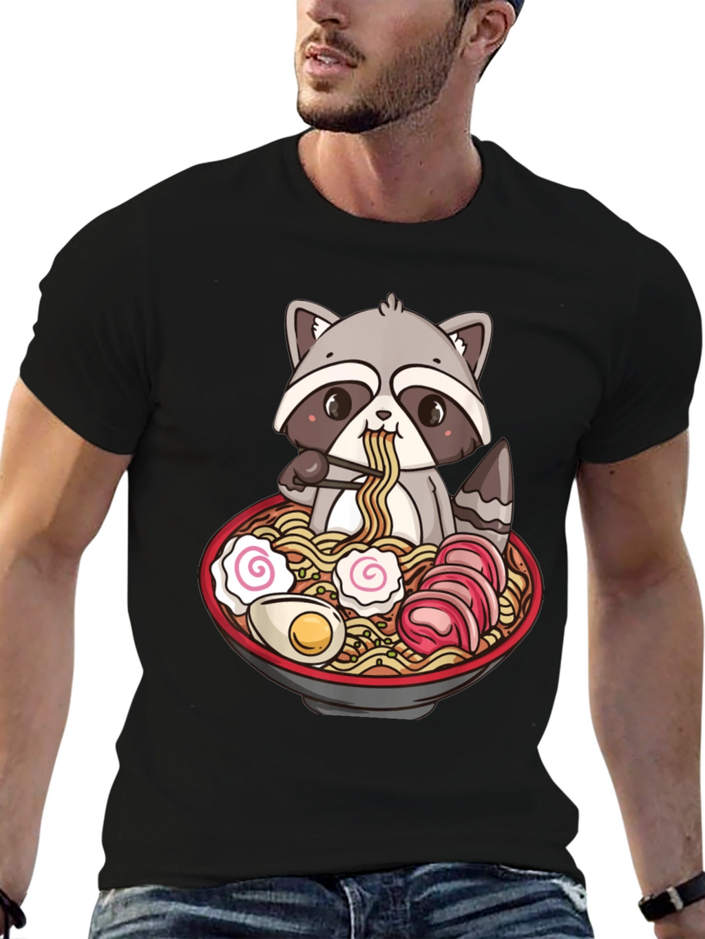Ramen Raccoon Graphic T-Shirt - Black Cotton Tee