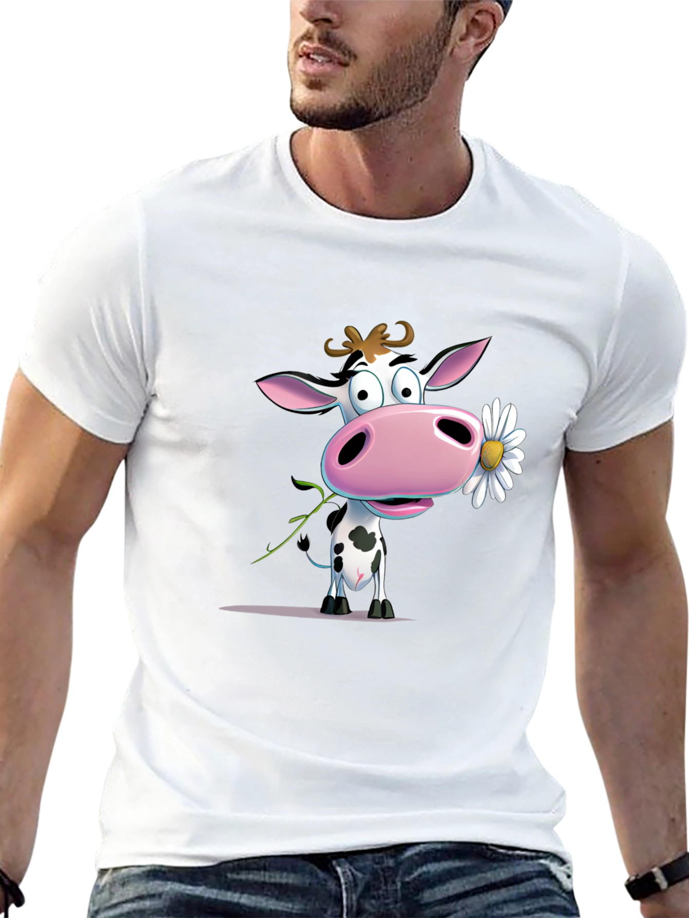 Cute Cartoon Cow Holding Daisy Black T-Shirt
