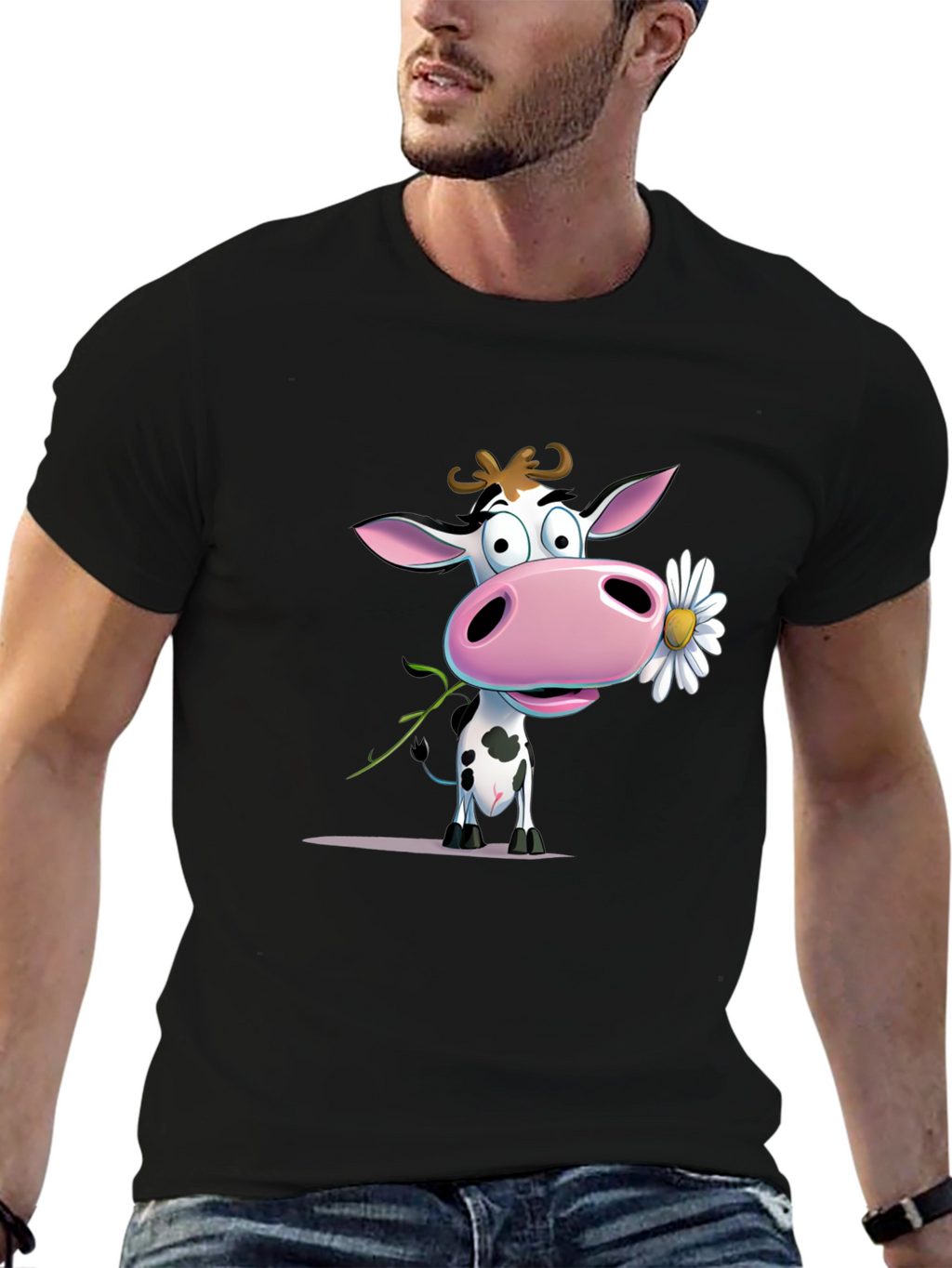 Cute Cartoon Cow Holding Daisy Black T-Shirt