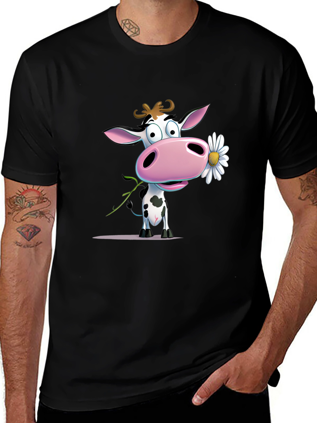 Cute Cartoon Cow Holding Daisy Black T-Shirt