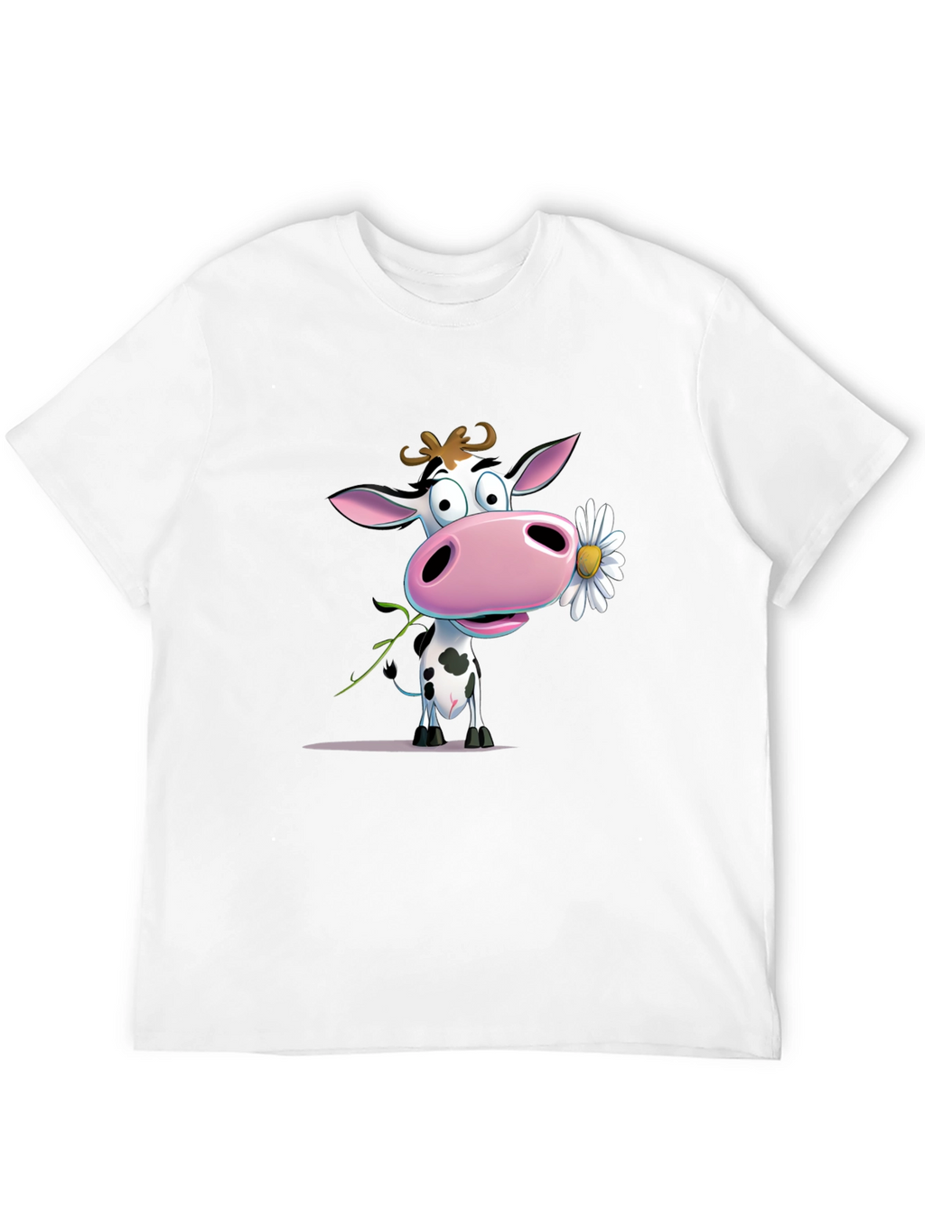 Cute Cartoon Cow Holding Daisy Black T-Shirt