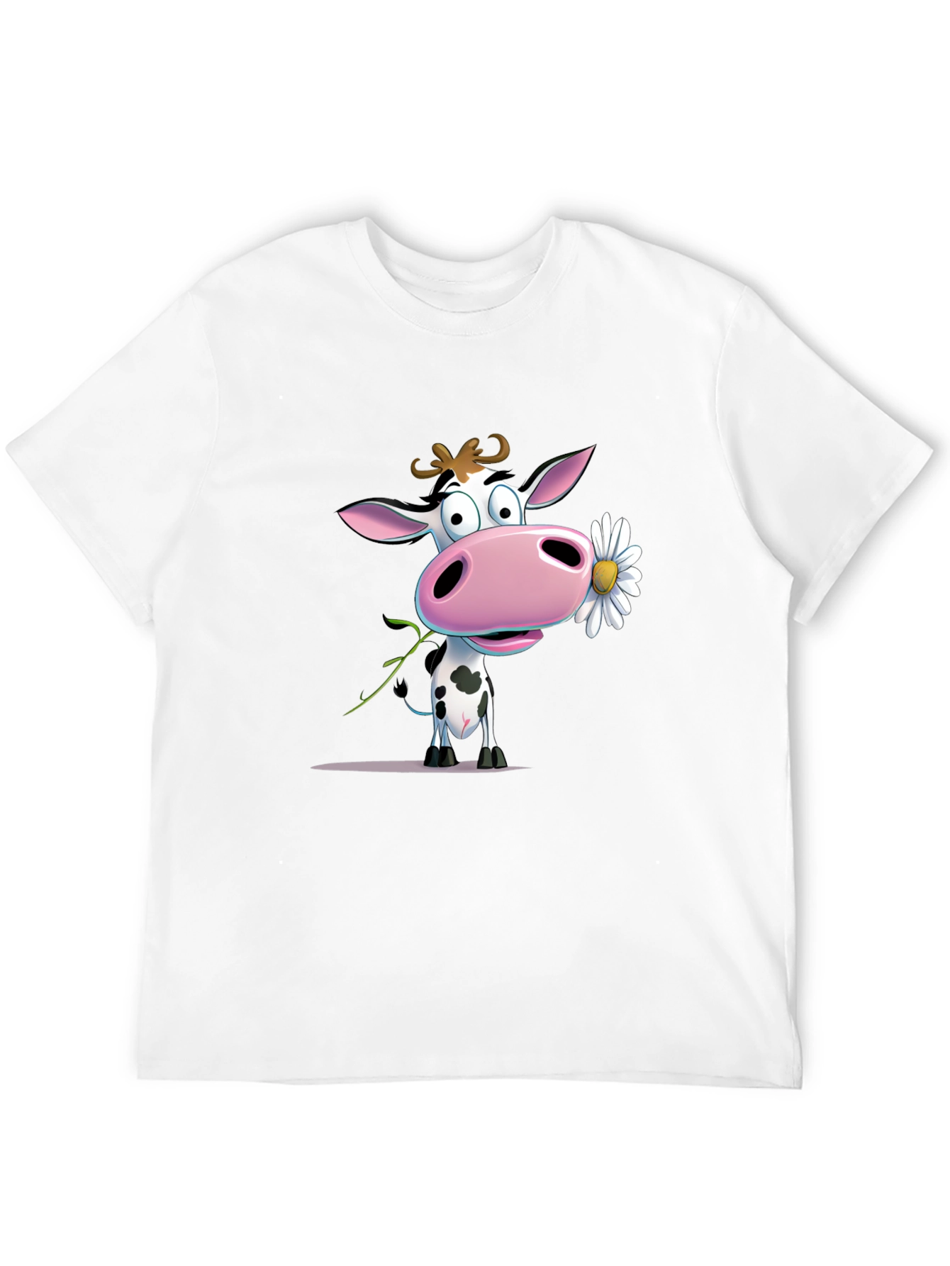 Cute Cartoon Cow Holding Daisy Black T-Shirt
